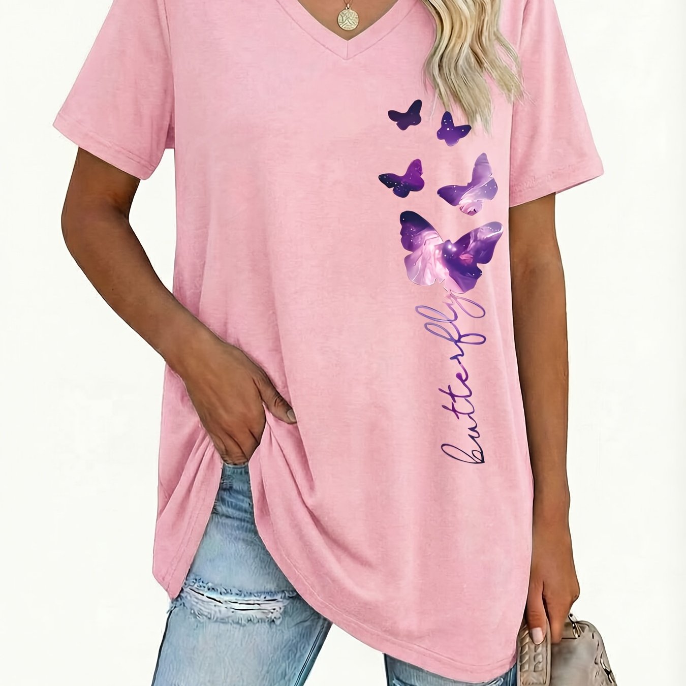 TEMU Plus Size, Plus Size Women's V-neck Short Sleeve T-shirt - Print Blouse-compatible Top Suitable For Daily , Casual Wear & Layering, Non-sheer