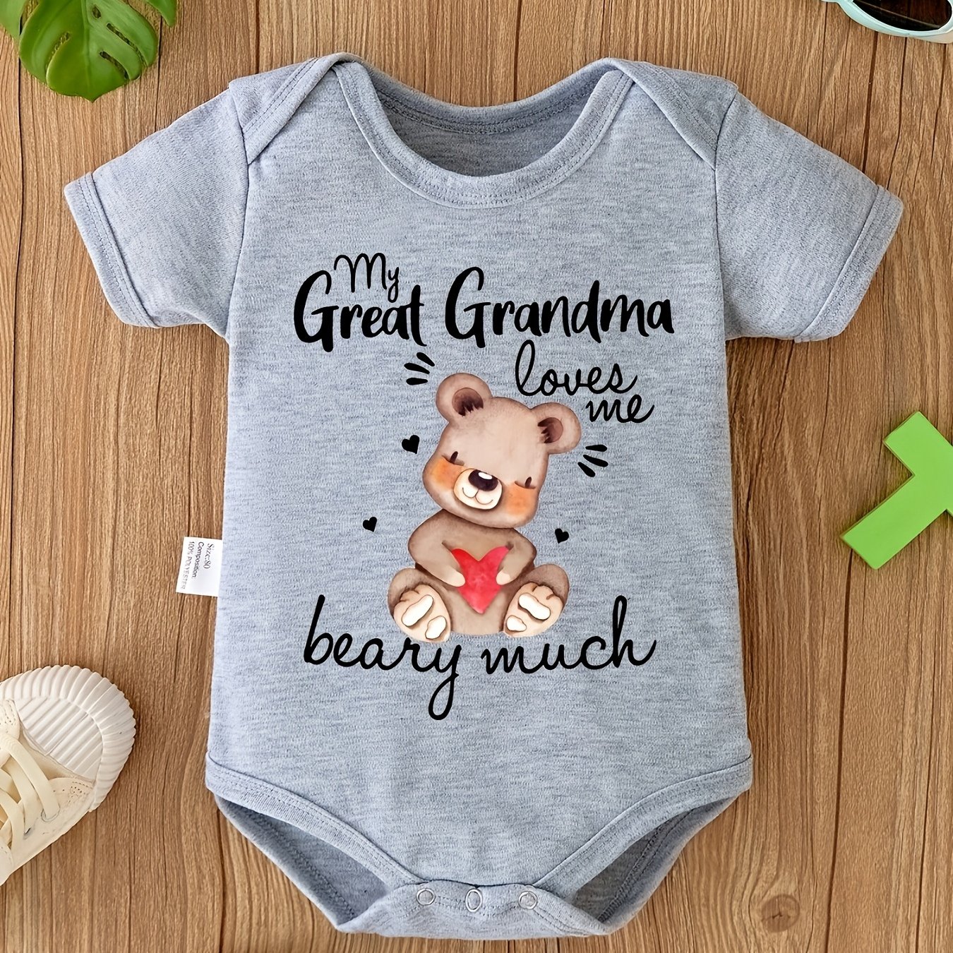 TEMU Baby Romper Short Sleeve Jumpsuit - "my Grandma Me Super Much" Cartoon Bear, Soft Breathable Snap-outfit, Newborn Clothing Suitable For Daily