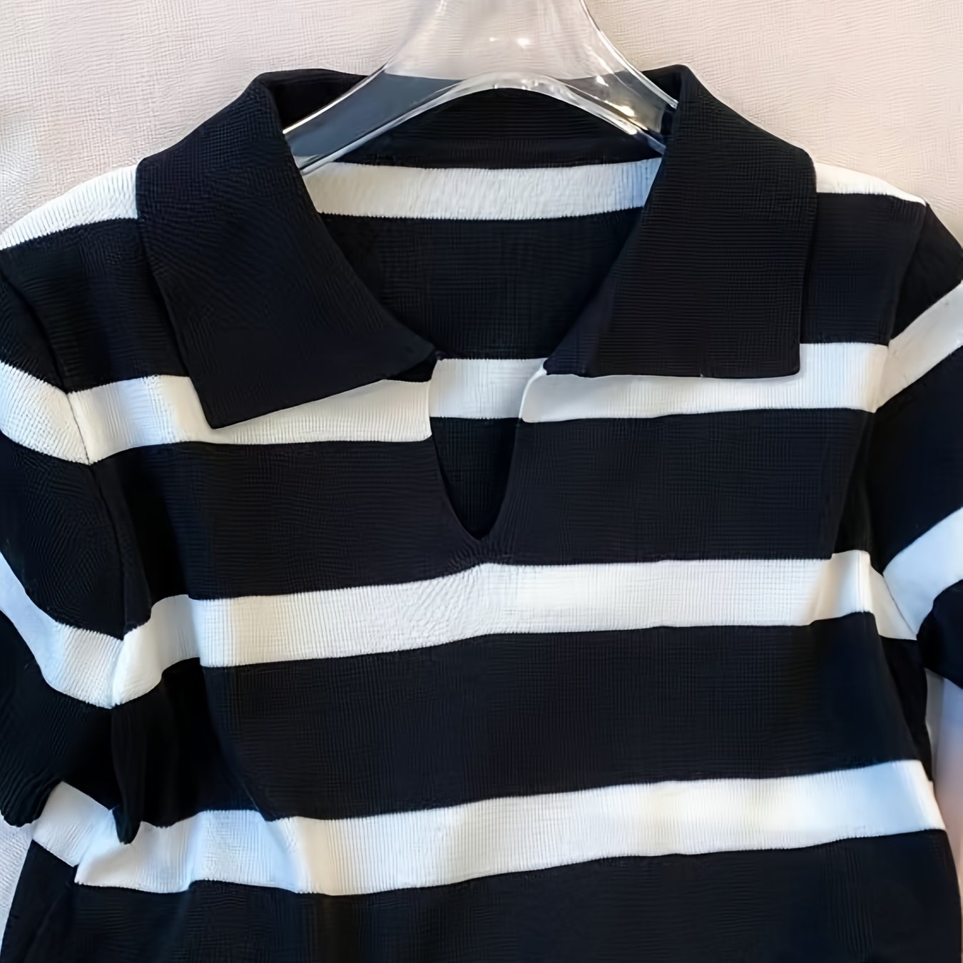 E-shop Damenmode Neues Streifenmuster Stehkragen Pullover Vielseitiges Kurzarm-Oberteil Frühling Sommer Damen Kurztop