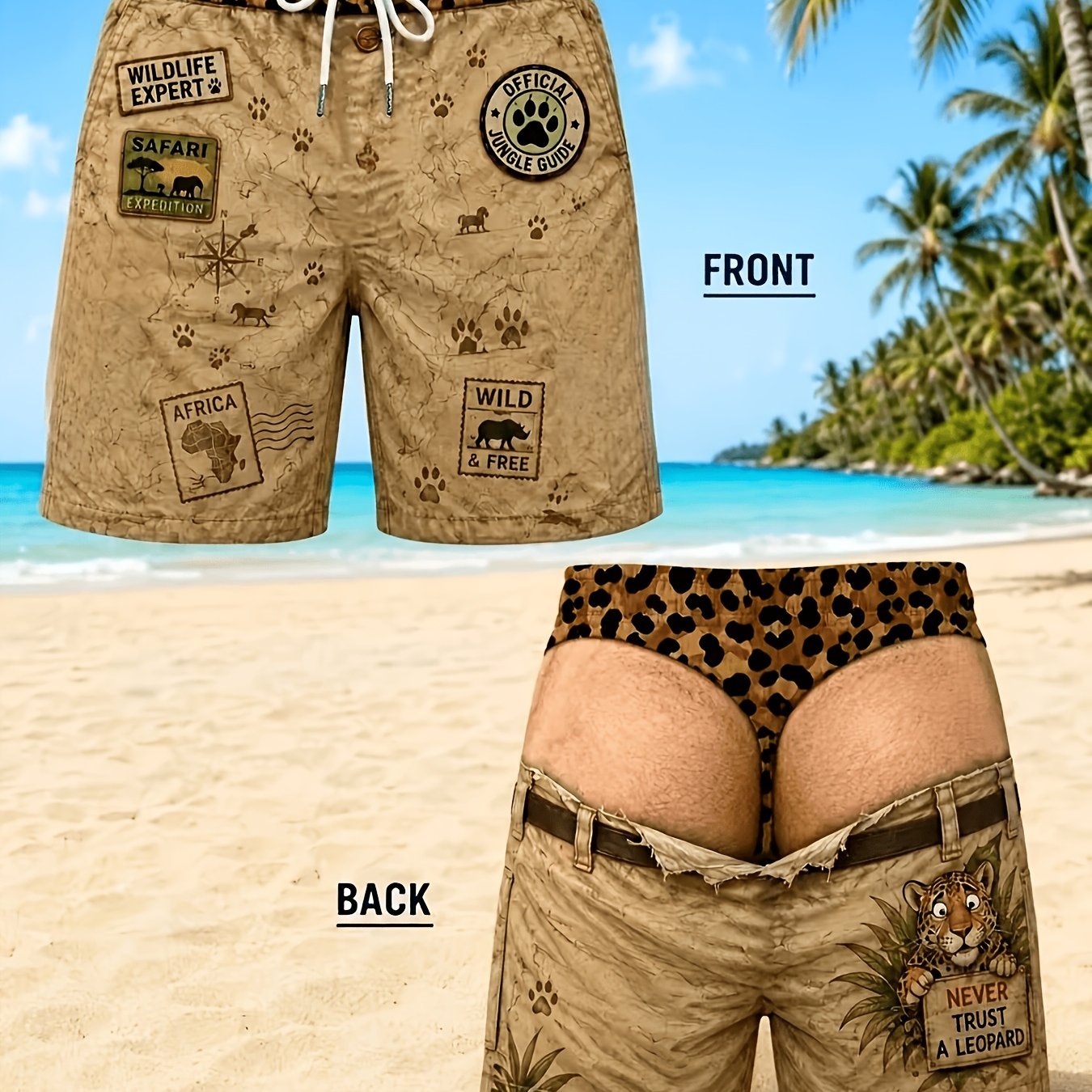 TEMU Printed Design Not Textured Men's Low- Illusion Swim Shorts - Fake Leopard Print Waist Beach Trunks, Machine Washable Suitable For Surfing,