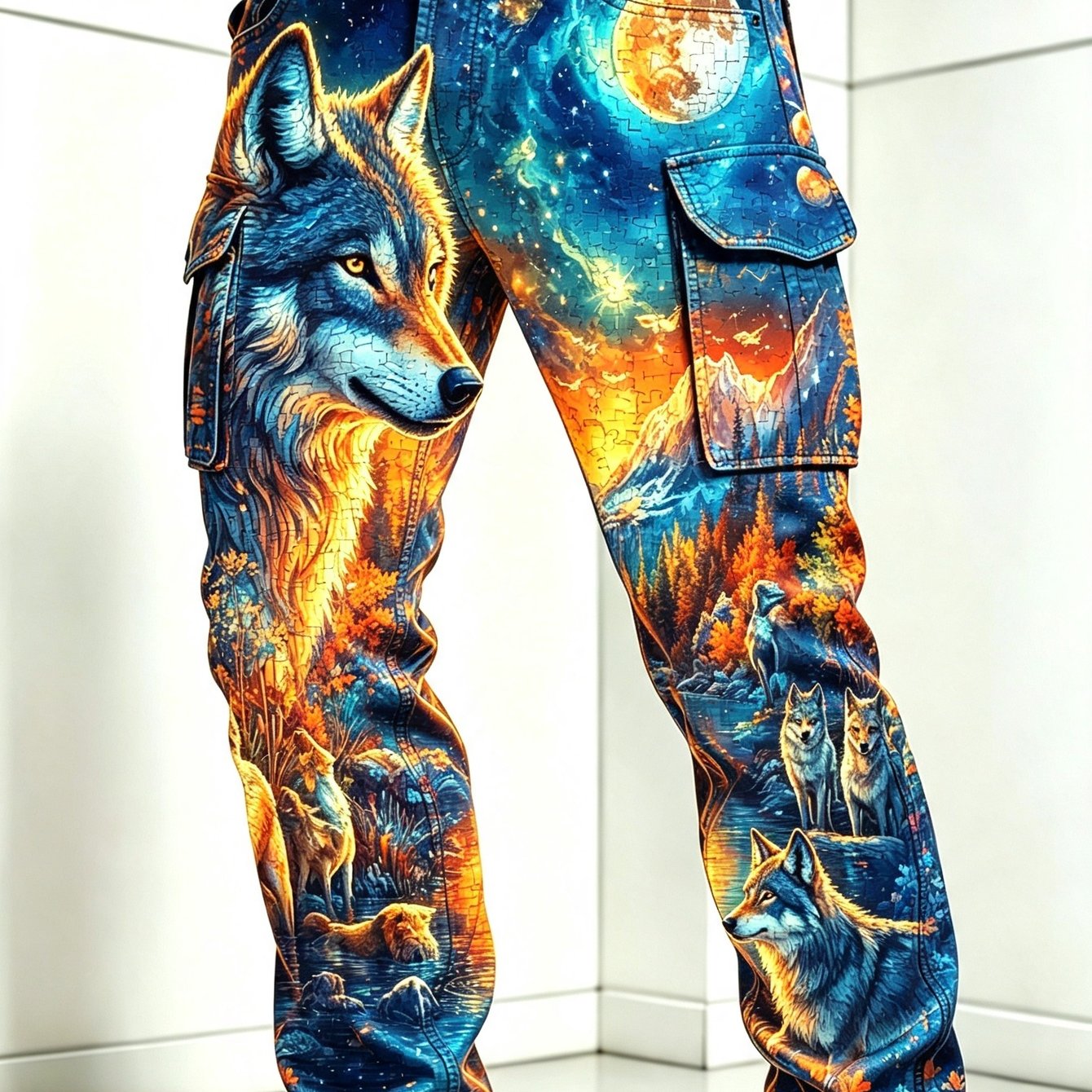Image of Plus Sizemen's Wild Wolf Pc Moonlight Cargo Casual Pants, Daily Commuting Outdoor Travel Retro Trousers, Plus Size