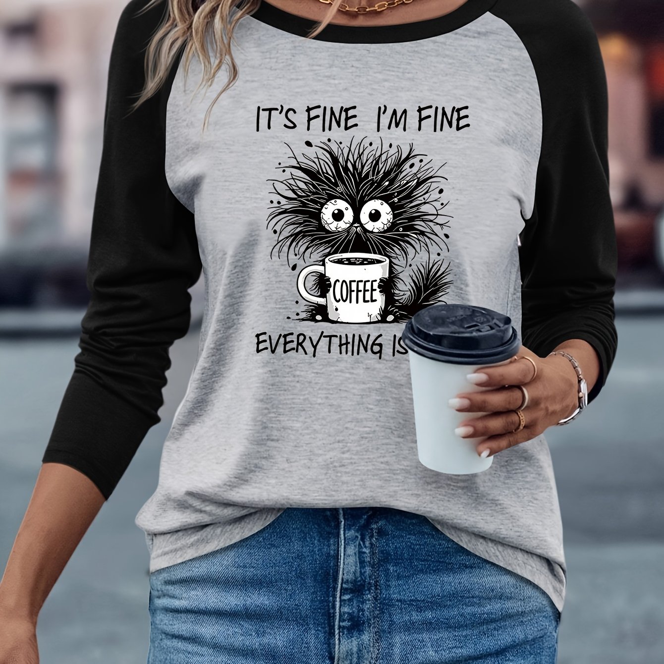 TEMU Black Pattern Print Western Style Women's Casual Easy Versatile Comfortable Contrast Round Neck Shoulder Cut Long Sleeve T-shirt