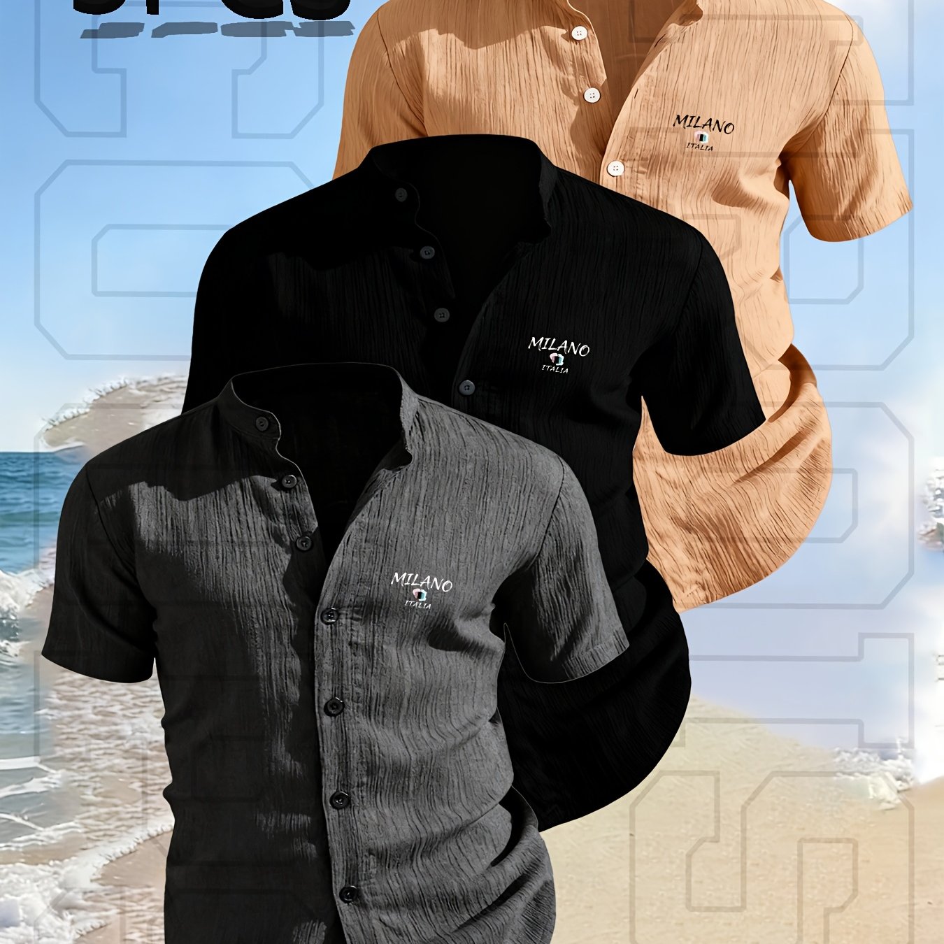 TEMU [josimay Obm] 3-pc Men's High-quality Men's Summer Short-sleeve Shirt - Lightweight And Breathable, Solid Color Button- Casual Shirt With Collar