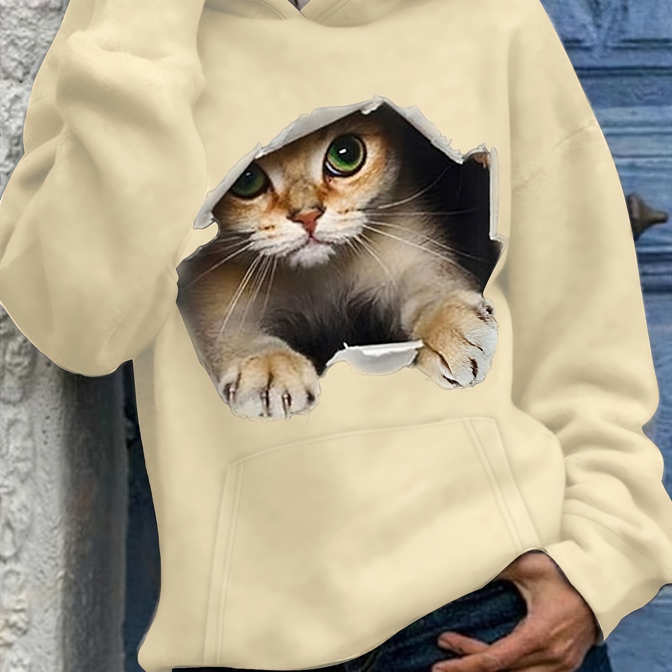 Cute Cat Print Thermal Hoodie, Casual Kangaroo Pocket Long Sleeve Hoodies  Sweatshirt, Women's Clothing