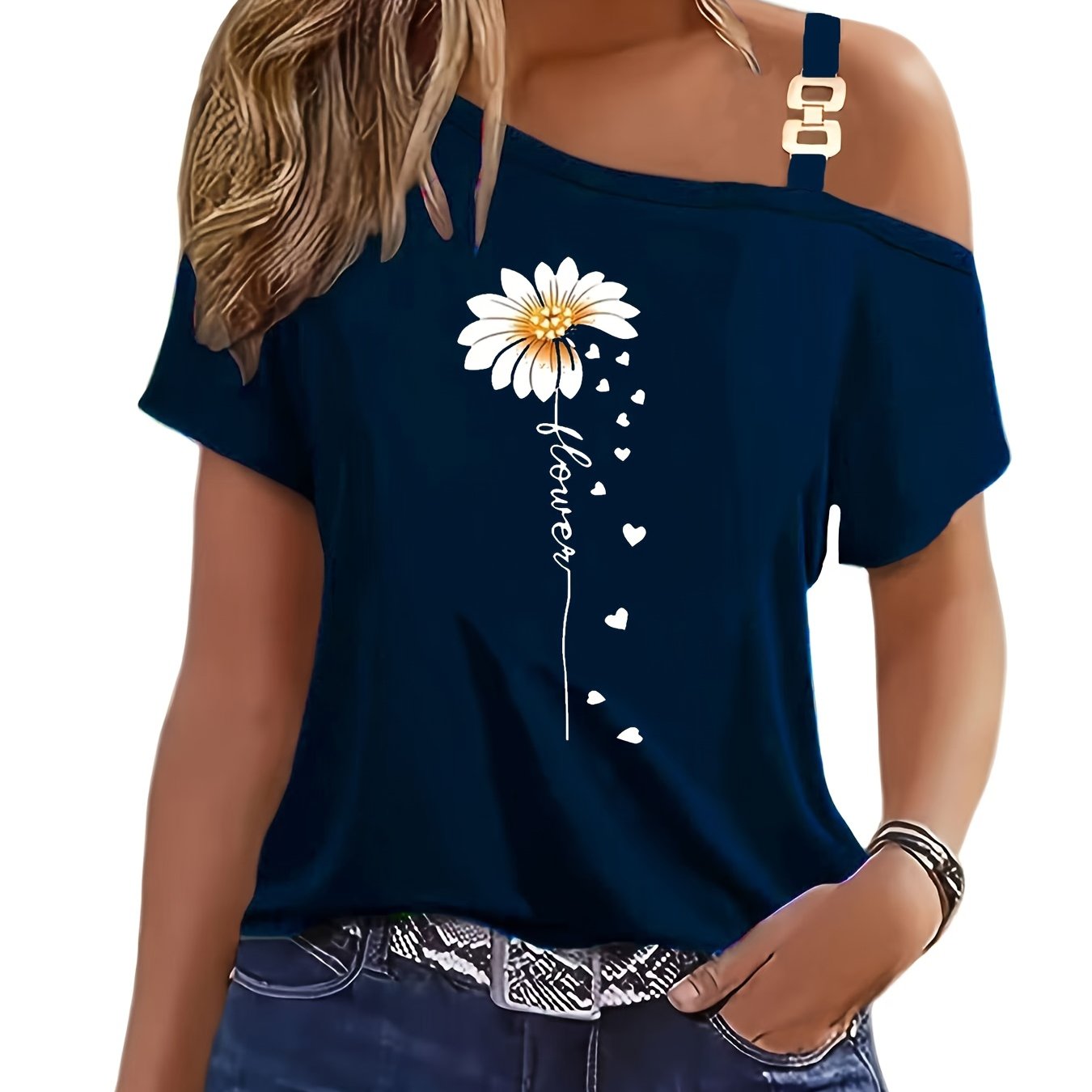 Image of Women's Floral Print Off-shoulder T-shirt, Casual Short Sleeve, Polyester, Machine Washable - Spring/autumn, Leisure Style, Spring/autumn