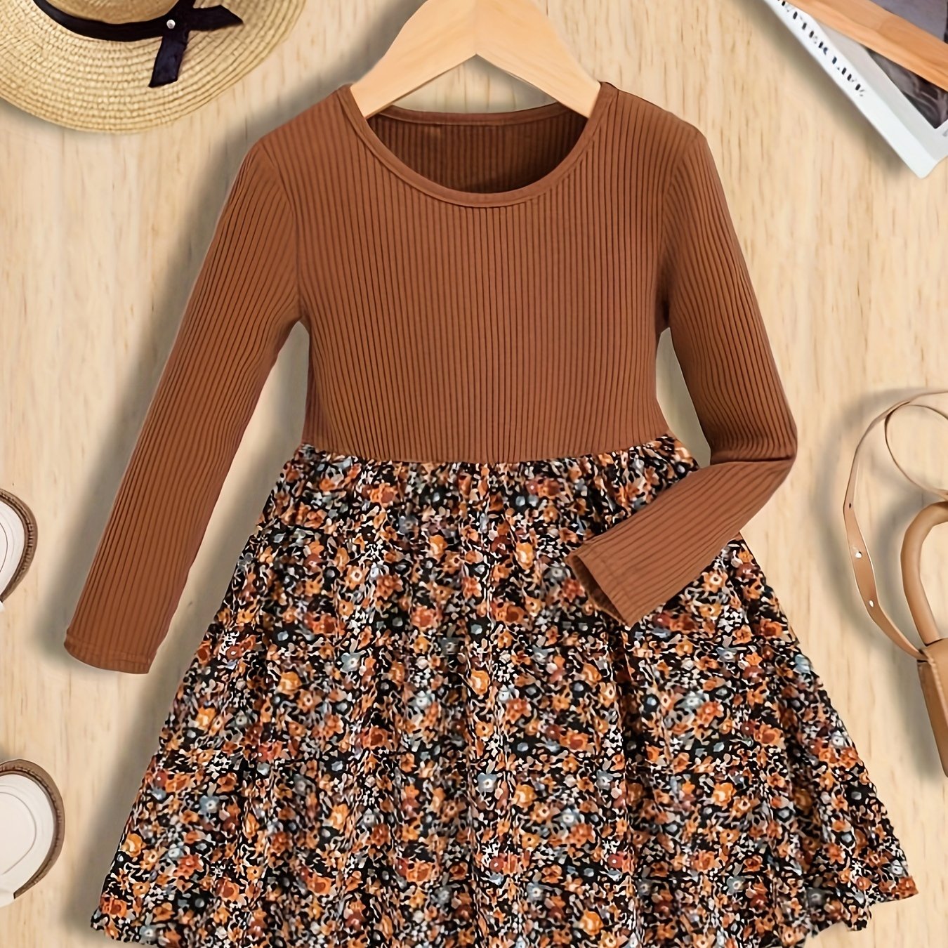 Autumn Winter Girls' Fashion Gentle Versatile Exquisite Small Floral Round Neck Long Sleeve Casual Outdoor Vacation Gathering Party Comfortable Young Girl Fashion Dress