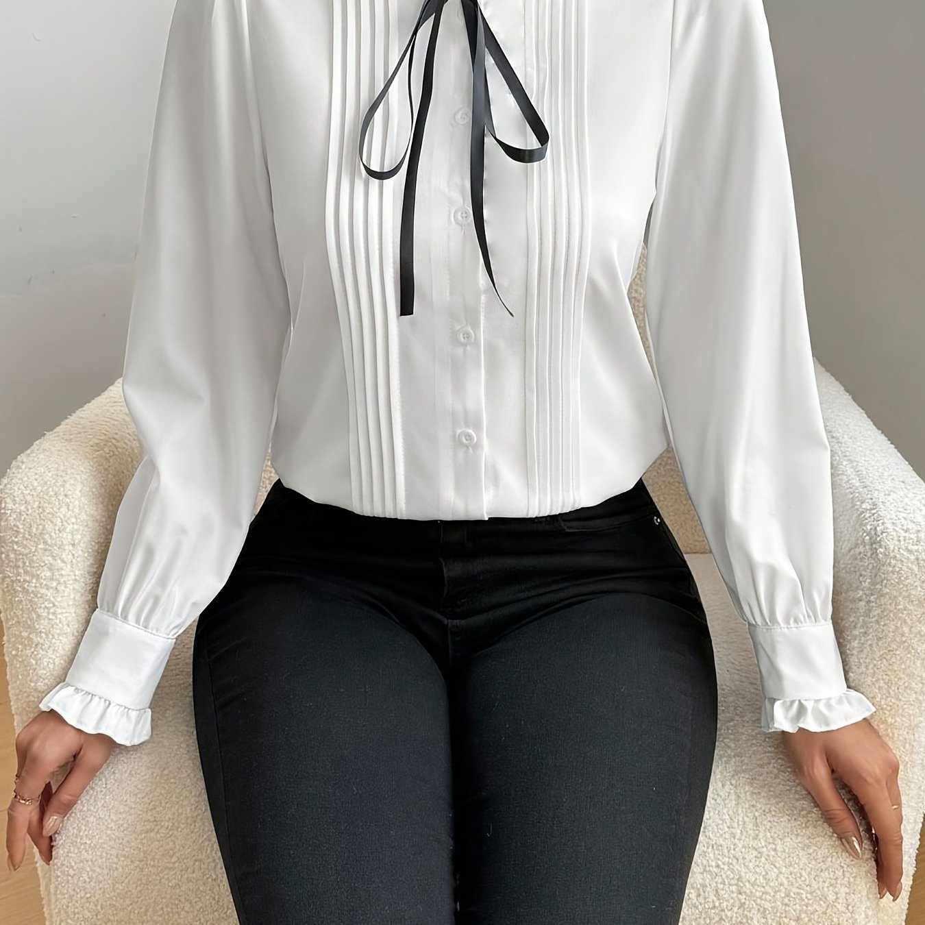 E-shop Plus Size - Plus Size - Frühling/Sommer Hot Item Damen Langarm Bluse mit Rüschen, Blattbesatz und Bindegürtel