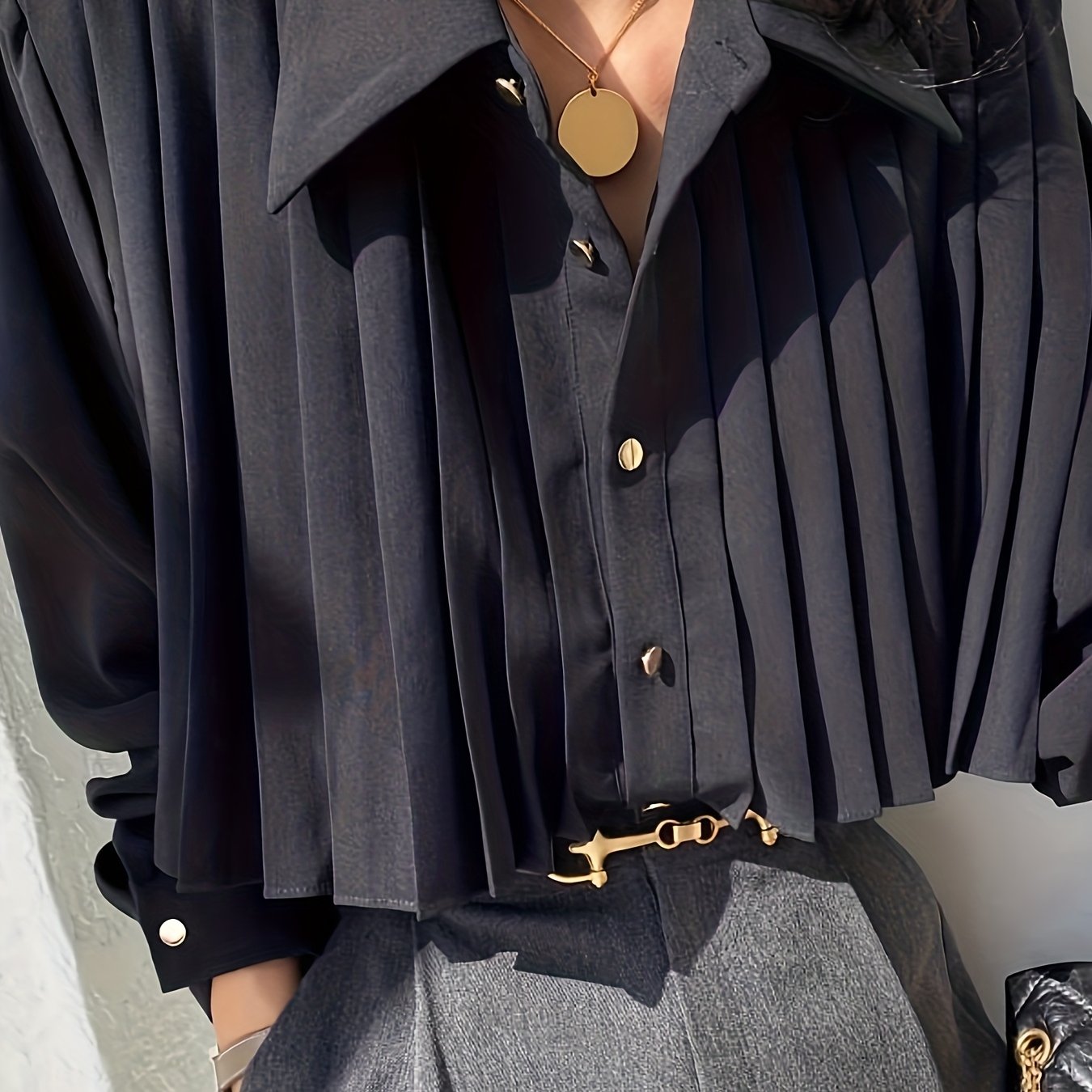 E-shop Damen Plissee-Shirt, Französischer Chiffon-Bluse, Casual Elegantes Langarm-Oberteil für Arbeit, Pendeln, Dunkler Gothic-Stil, Romantisch, Nicht