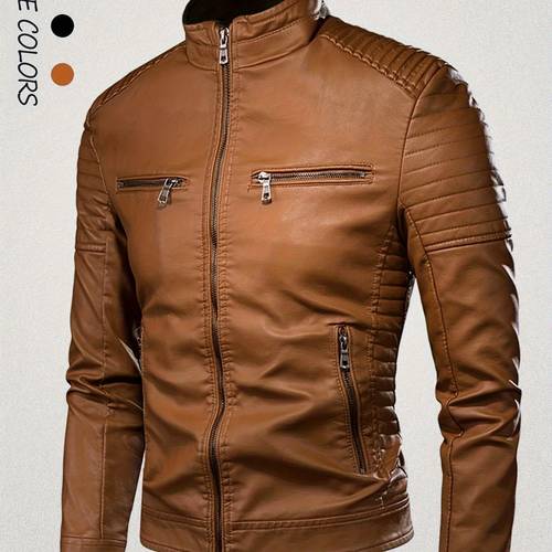 mens fit biker jacket stand collar zipper closure non stretch fabric solid color casual motorcycle jacket for casual attire biker jacket