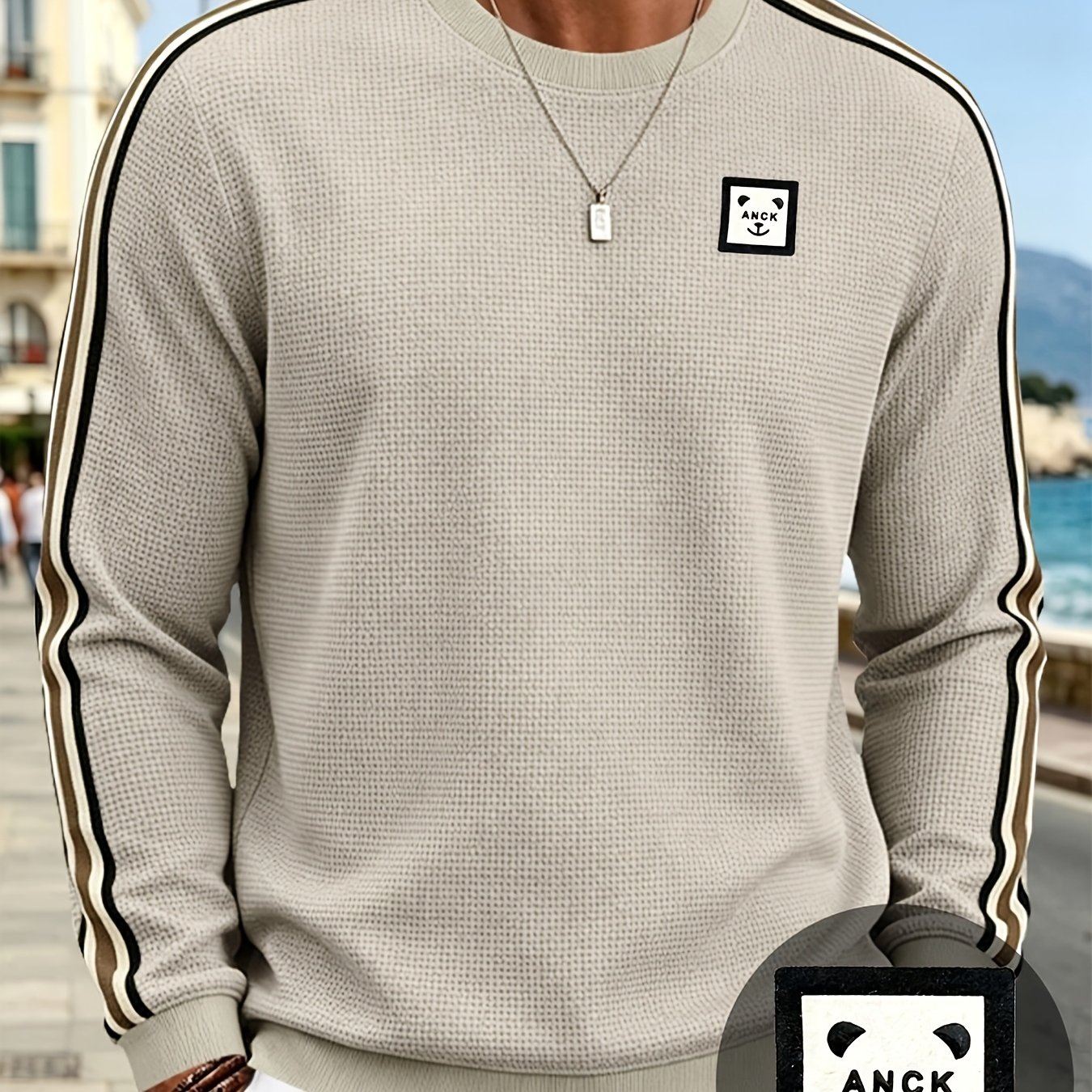 TEMU Gestreept gebreid sweatshirt voor heren, casual trui met ronde hals en lange mouwen met decoratieve gestreepte mouwdetails, ribkraag, manchetten