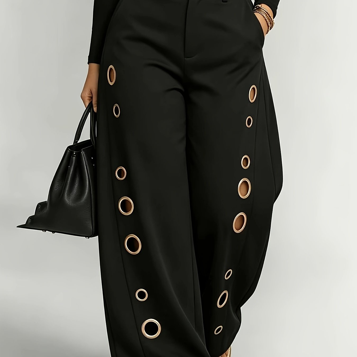TEMU Plus Size, Plus Size Women's Clothing / Women's Plus Size Wide-leg Pants, High-waist Golden Eyelet Trousers, Loose Fit Casual Office Pants, /