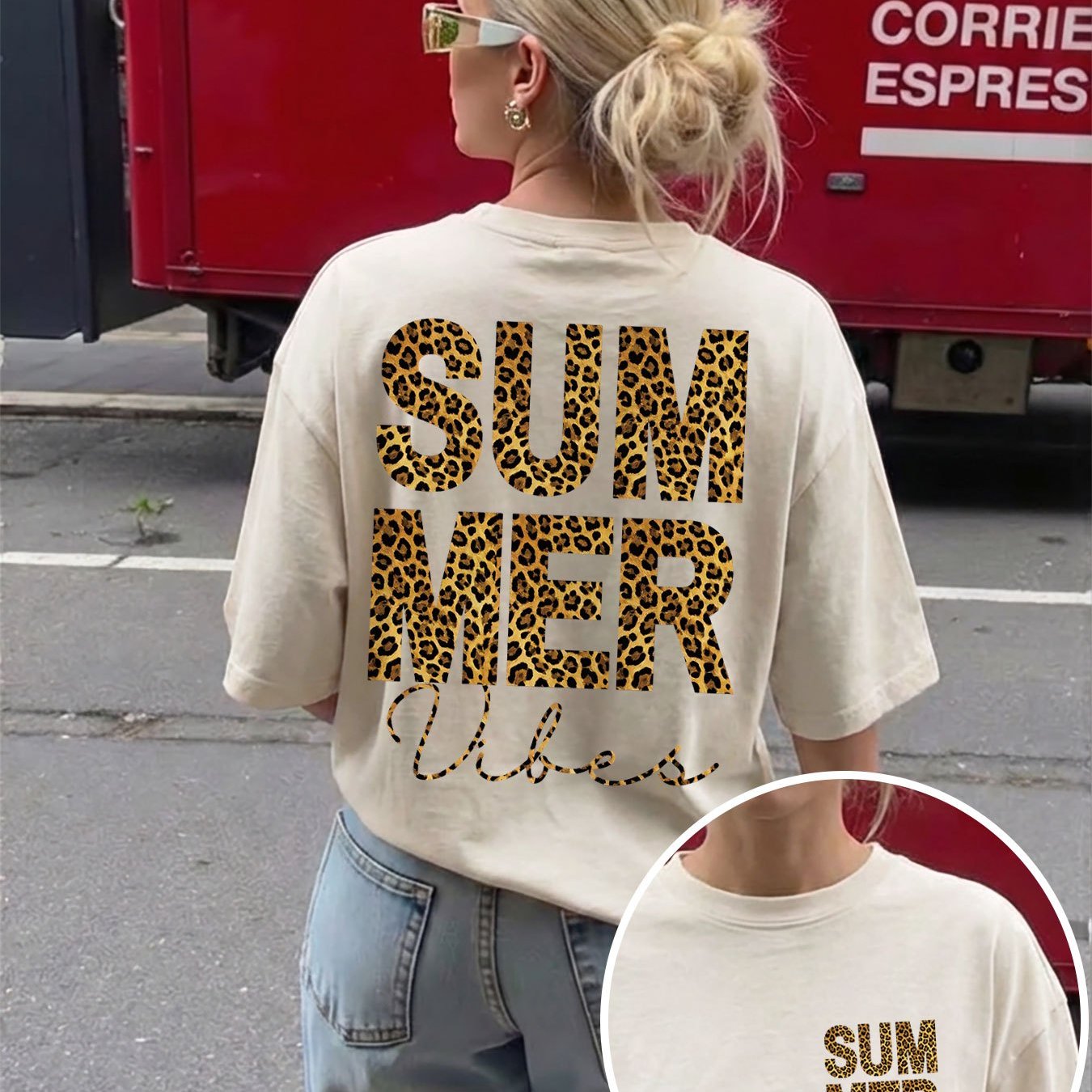 Image of Double-sided Print Summer Loose-fit Fashionable Women's Top, Leopard Print With "summer" Lettering, Round Neck Short Sleeve Drop-shoulder Oversized Pure T-shirt