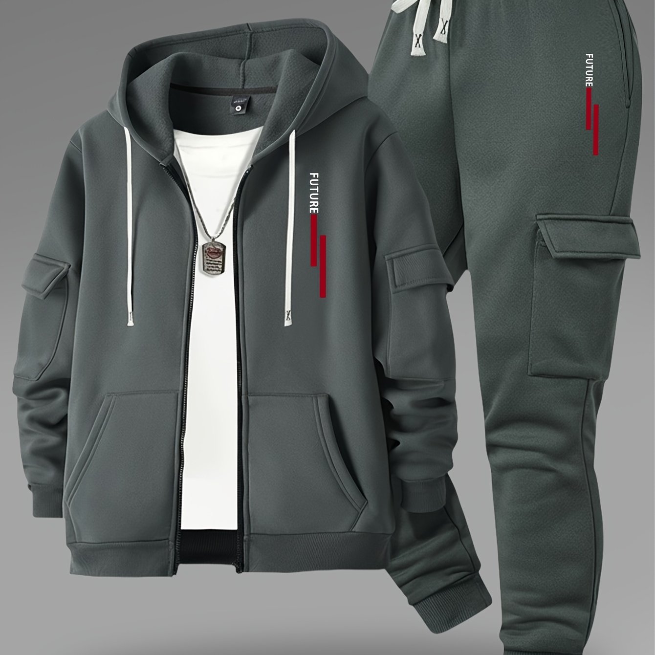 TEMU Fashion Zip-up Hoodie And Loose-fit Cargo Pants With Multiple Pockets, Casual Daily Comfortable Versatile Breathable Drawstring Zip-up Hooded
