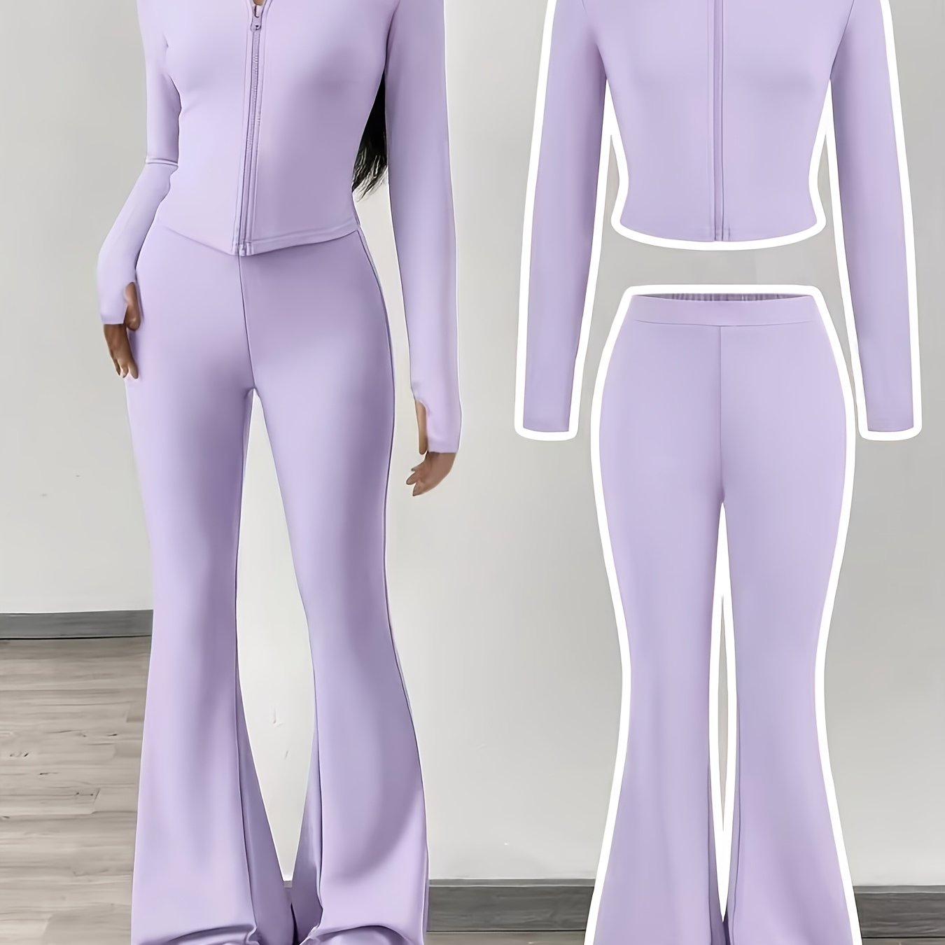 TEMU Girls' Sporty Casual Solid --fit Jacket And Flared Pants 2pcs Set, Slim-fit Stretchy Top And Flared Pants Outfit For Outdoor Sports, Back To