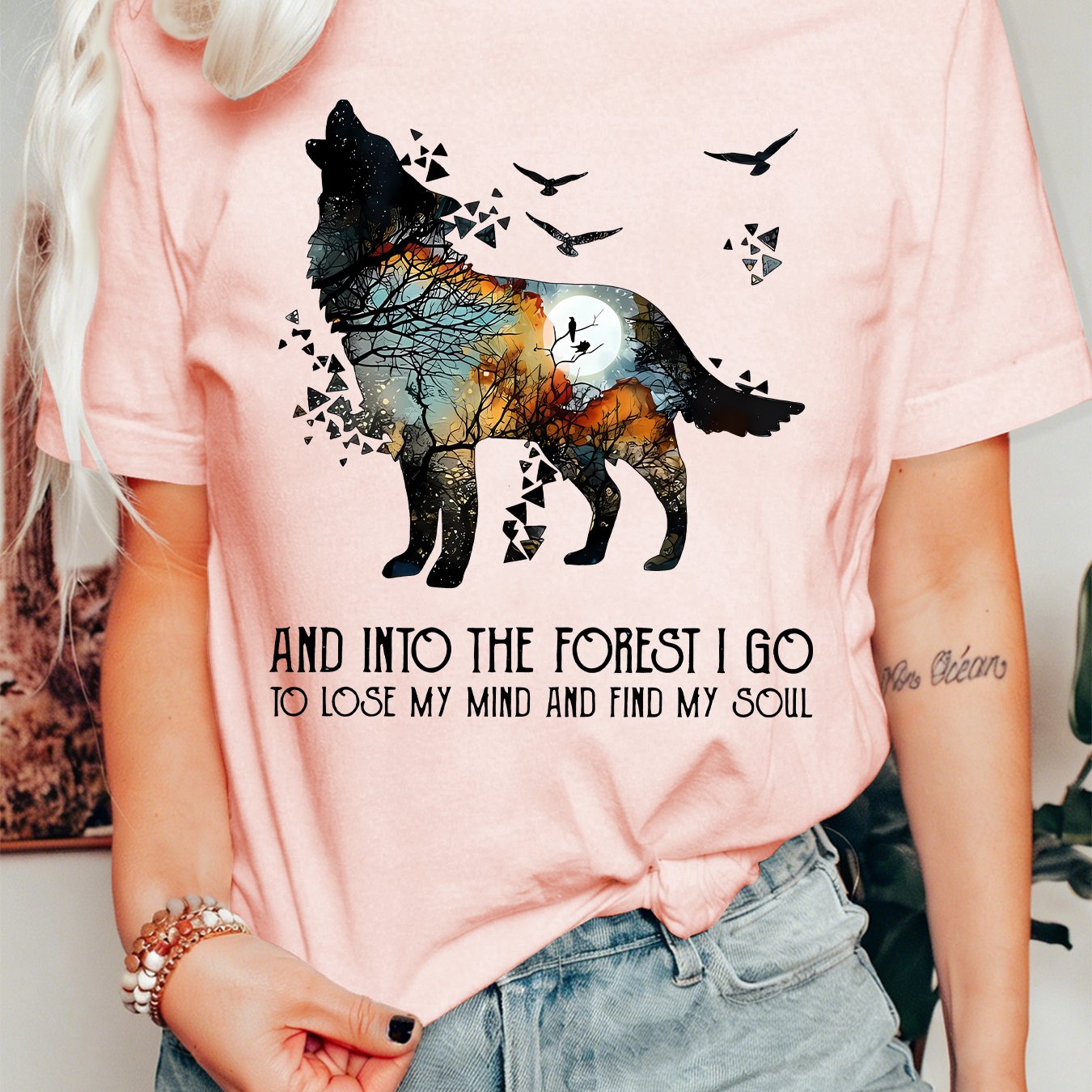 TEMU Women's Summer Clothing, Forest Wolf Silhouette Print Round Neck Short Sleeve T-shirt, Fashionable Commute Vacation Daily Versatile Plus Size