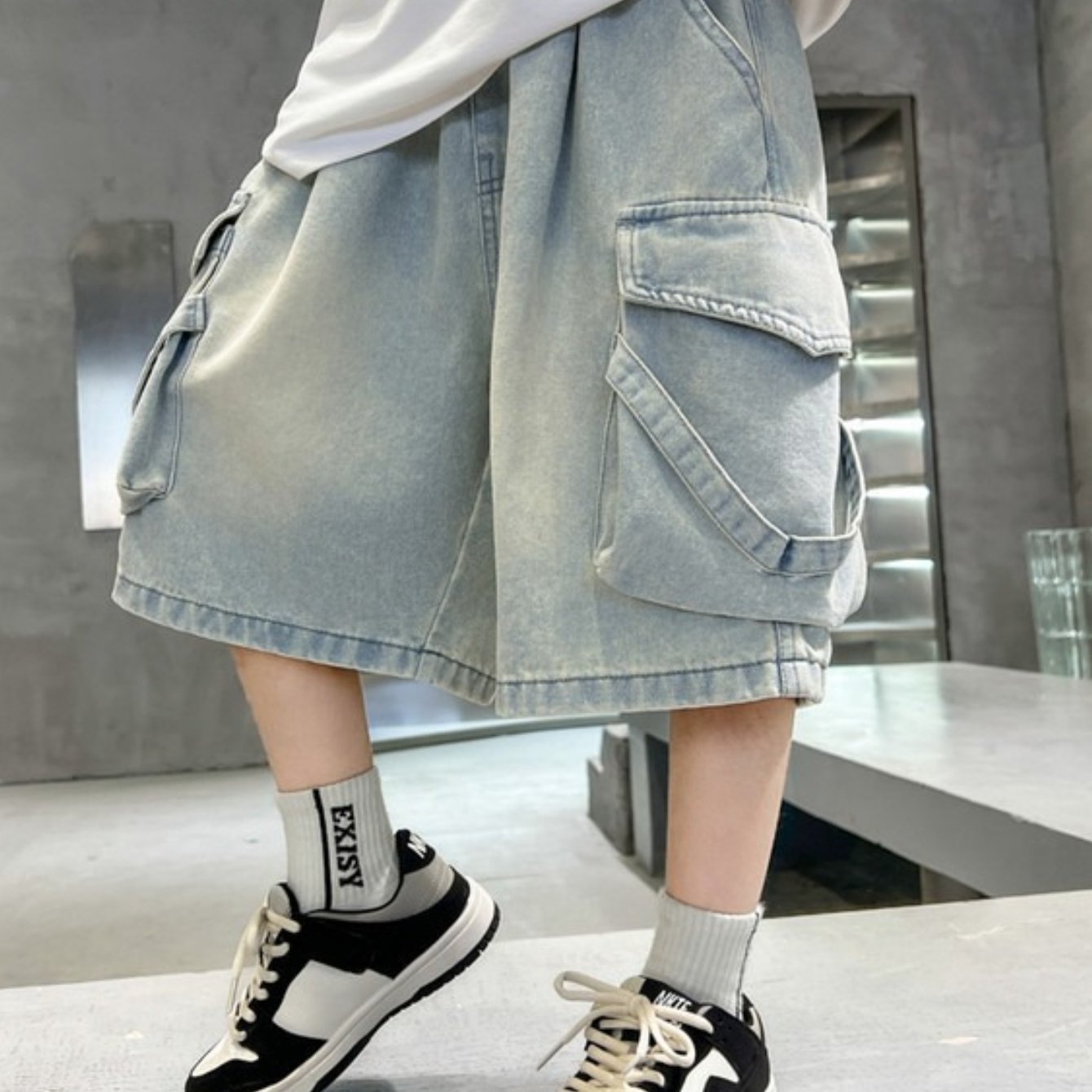 Image of Boys Summer Trendy Denim Shorts Big Knee-length Casual Pants Loose Fit With Pockets For Daily Wear School Outdoor Activities