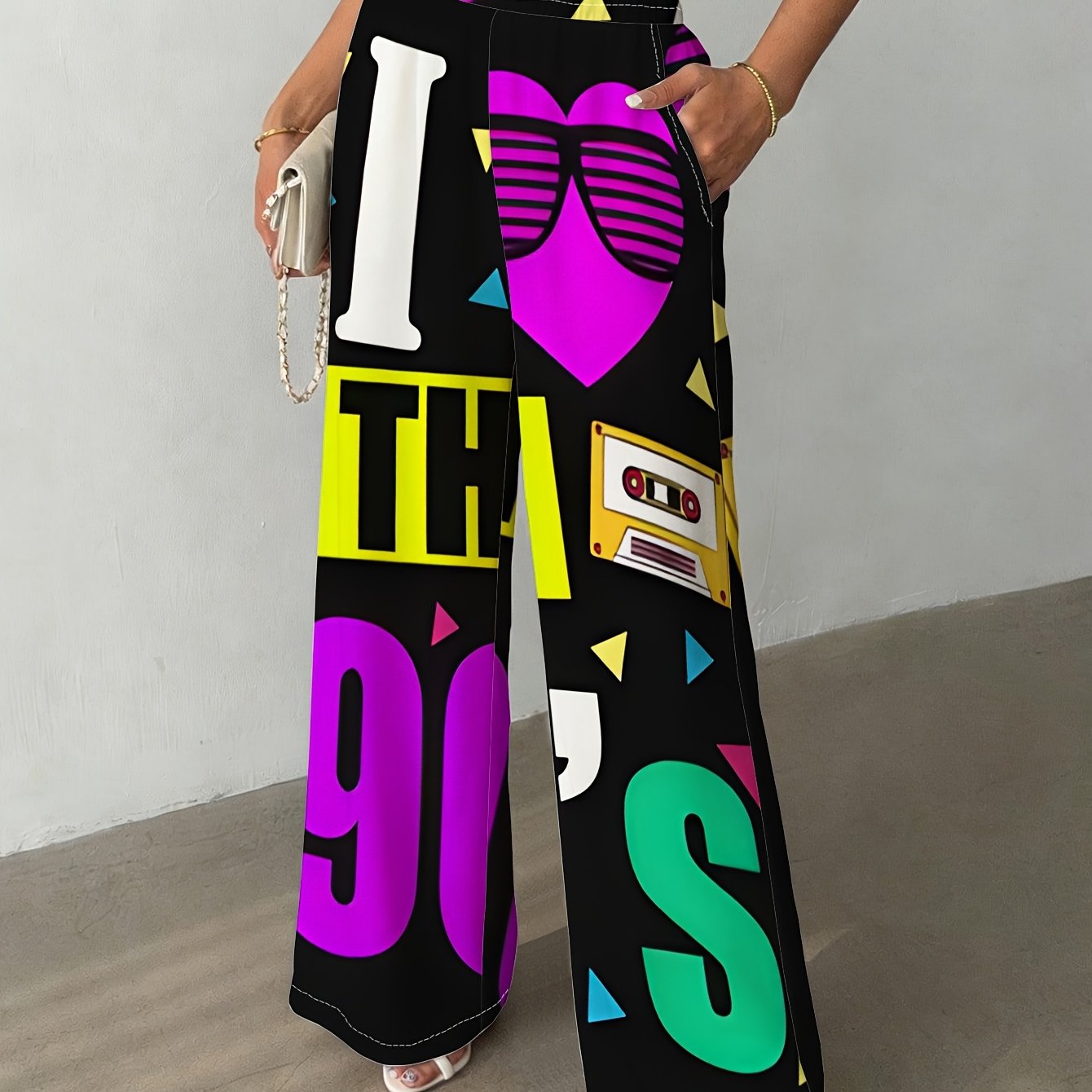TEMU Women's Straight-leg Pants With Retro "i " Prints. Featured With Vivid Graphics And Colors, Great For Casual , Parties And Streetwear.