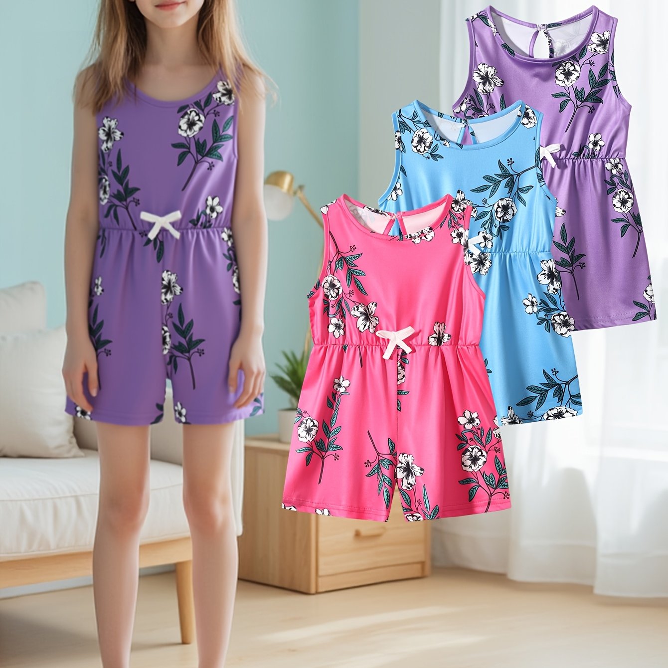 TEMU 3-piece Set Summer Girls' Fashion Must-have Pants Casual Versatile Trousers For Young Ladies Girls' Apparel Summer Clothing For Young Children Children's Halloween Costumes