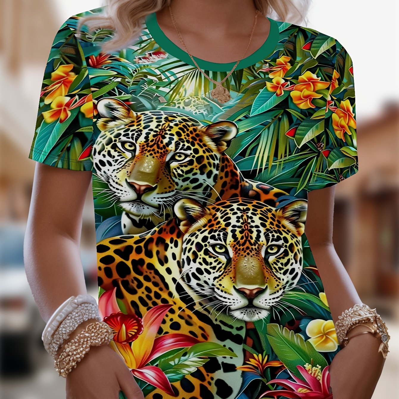 TEMU Women'-leopard + Floral Print T-shirt, Casual Round-neck Short-sleeve Top, Machine Washable, Suitable For , Polyester Micro-stretch Fabric, No