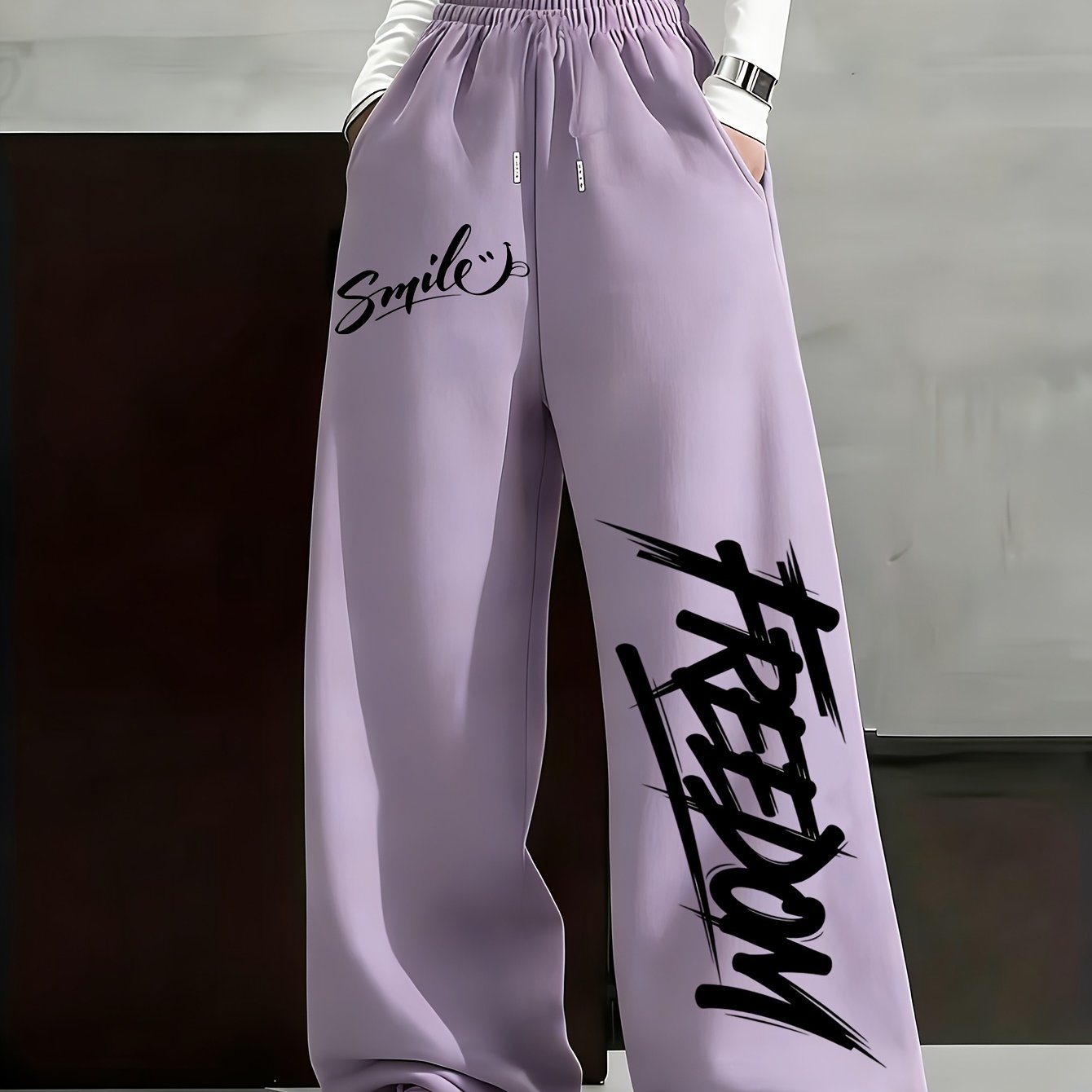 TEMU Drawstring Elastic Wide Leg Straight Leg Pants For Women, Slogan Printed Casual Loose Retro Straight Leg Pants, Birthday Gift, Valentine's Day