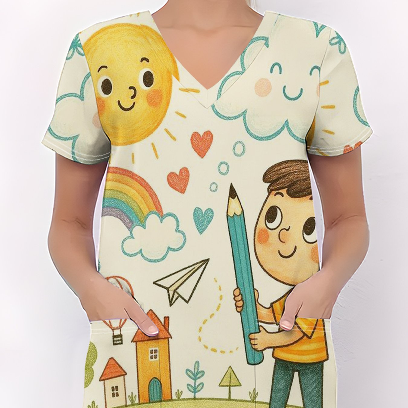 TEMU Women's Stylish V-neck Short-sleeve Scrubs With Pockets, Featuring Cartoon Elements, Breathable And , Suitable For Everyday Use In . The Fabric
