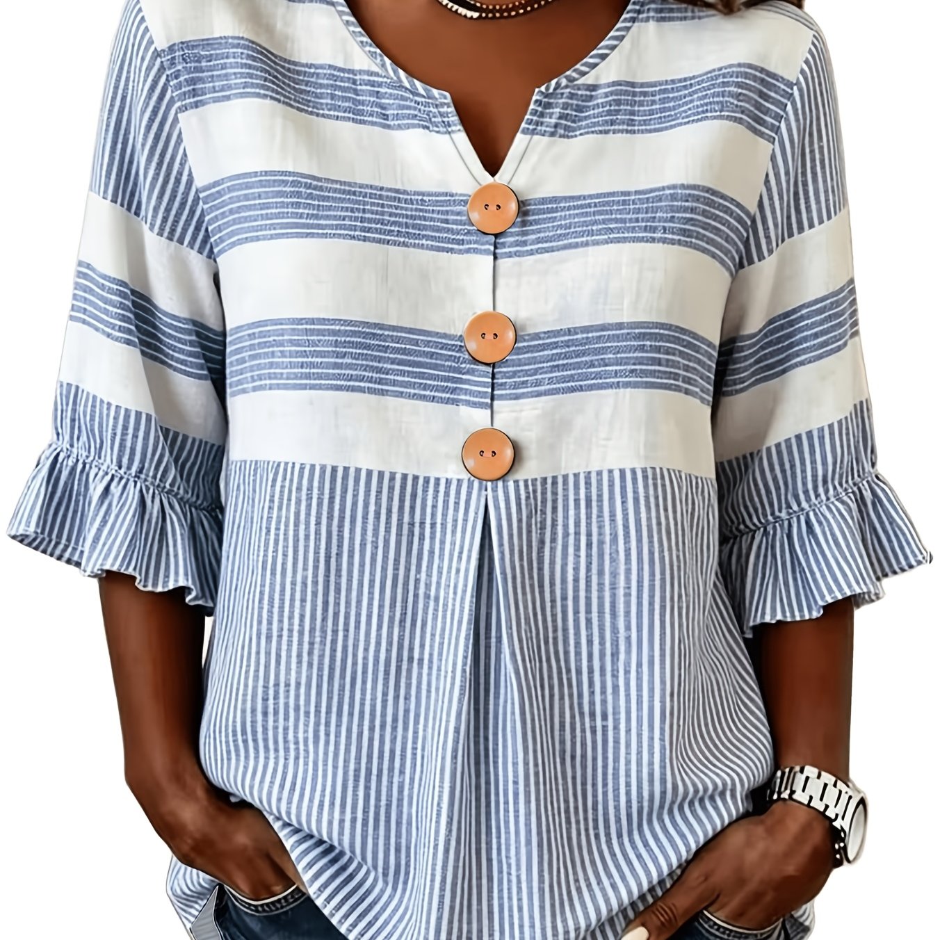 TEMU Women's Fashion 3/4 Off-shoulder Ruffle Sleeve Top, Elegant, Comfortable, Casual Button-up Basic Shirt, Loose V-neck Three-quarter Sleeve Blouse