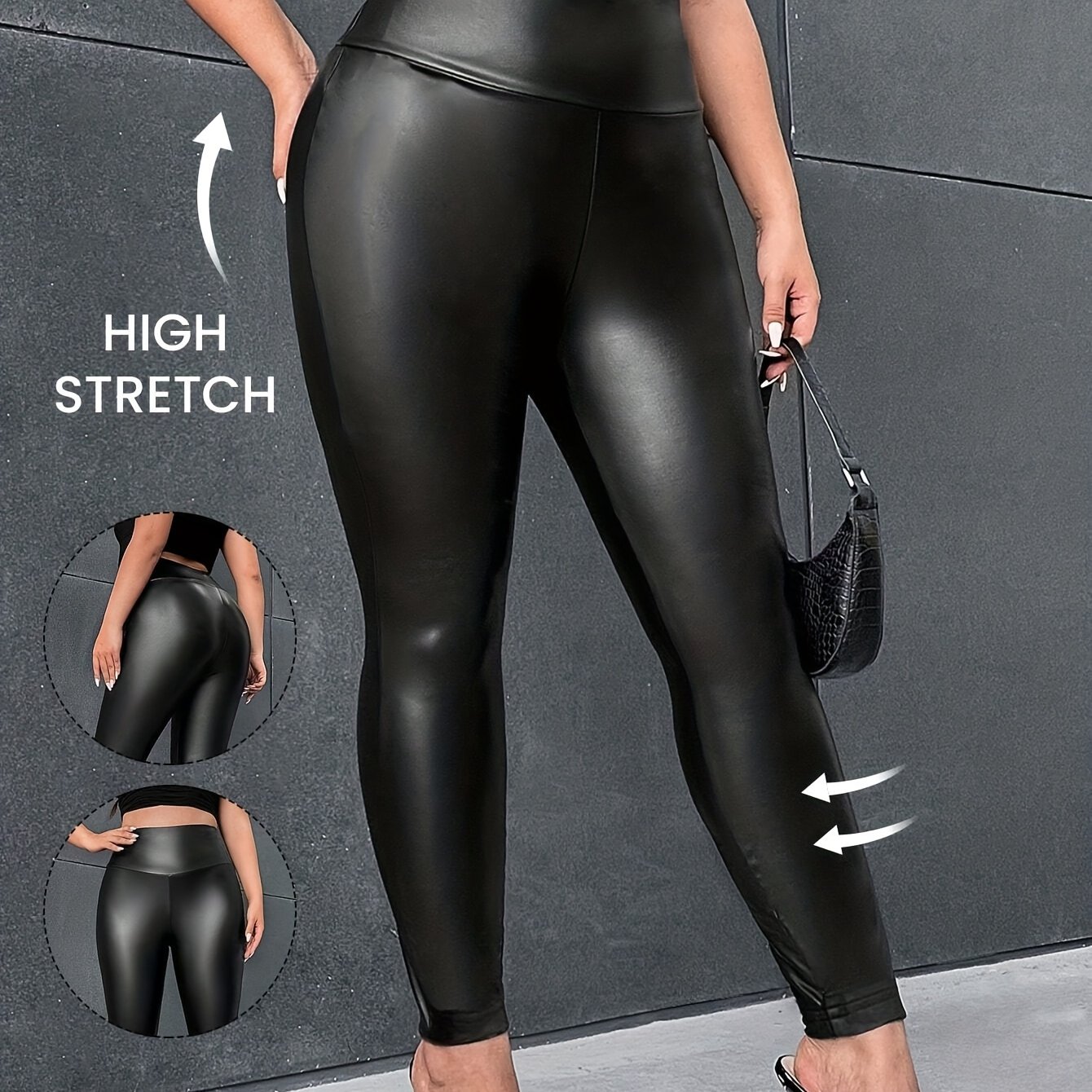 Plus Size - Solid Color Faux Fleece Leather Plus Size Autumn Winter Casual Tight Pants, High-waist Tight Trousers, Plus Size Women's Clothing