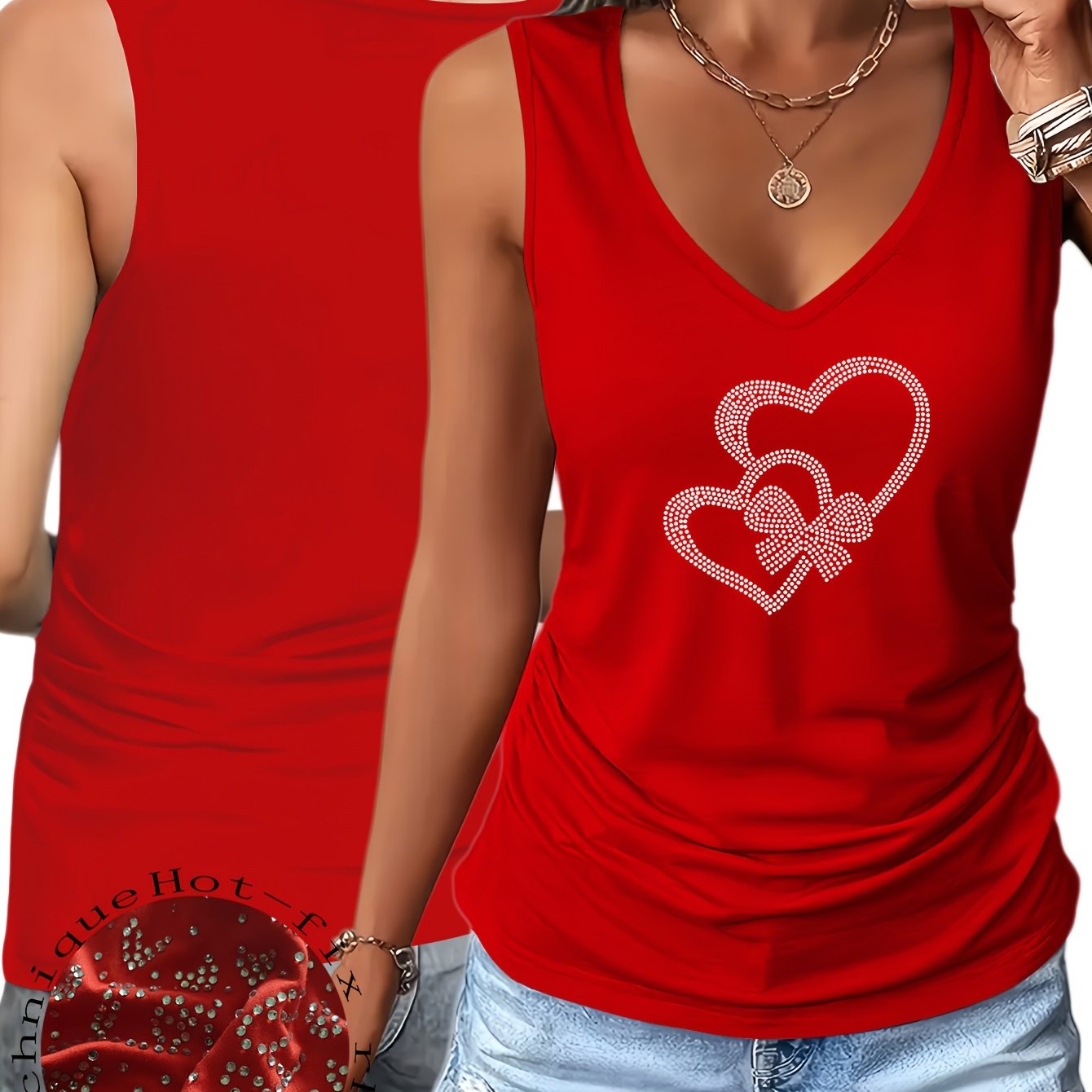 TEMU European And Women's Sleeveless V-neck Camisole For Spring, Summer, And Autumn | Exquisite Heart Bow With Rhinestone Pattern | Sleeveless Top |