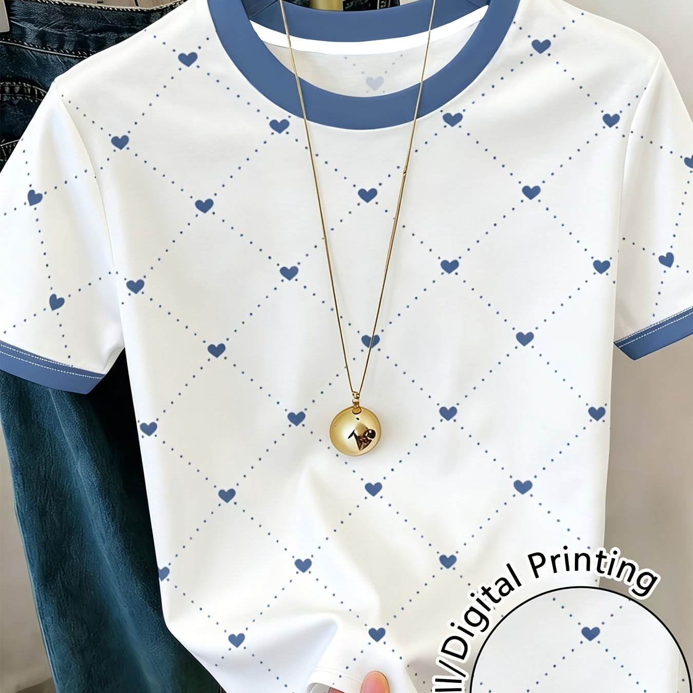 TEMU Collar Checkered Blue Heart Full Print Round Neck Short Sleeve T-shirt Fresh Sweet Casual Top
