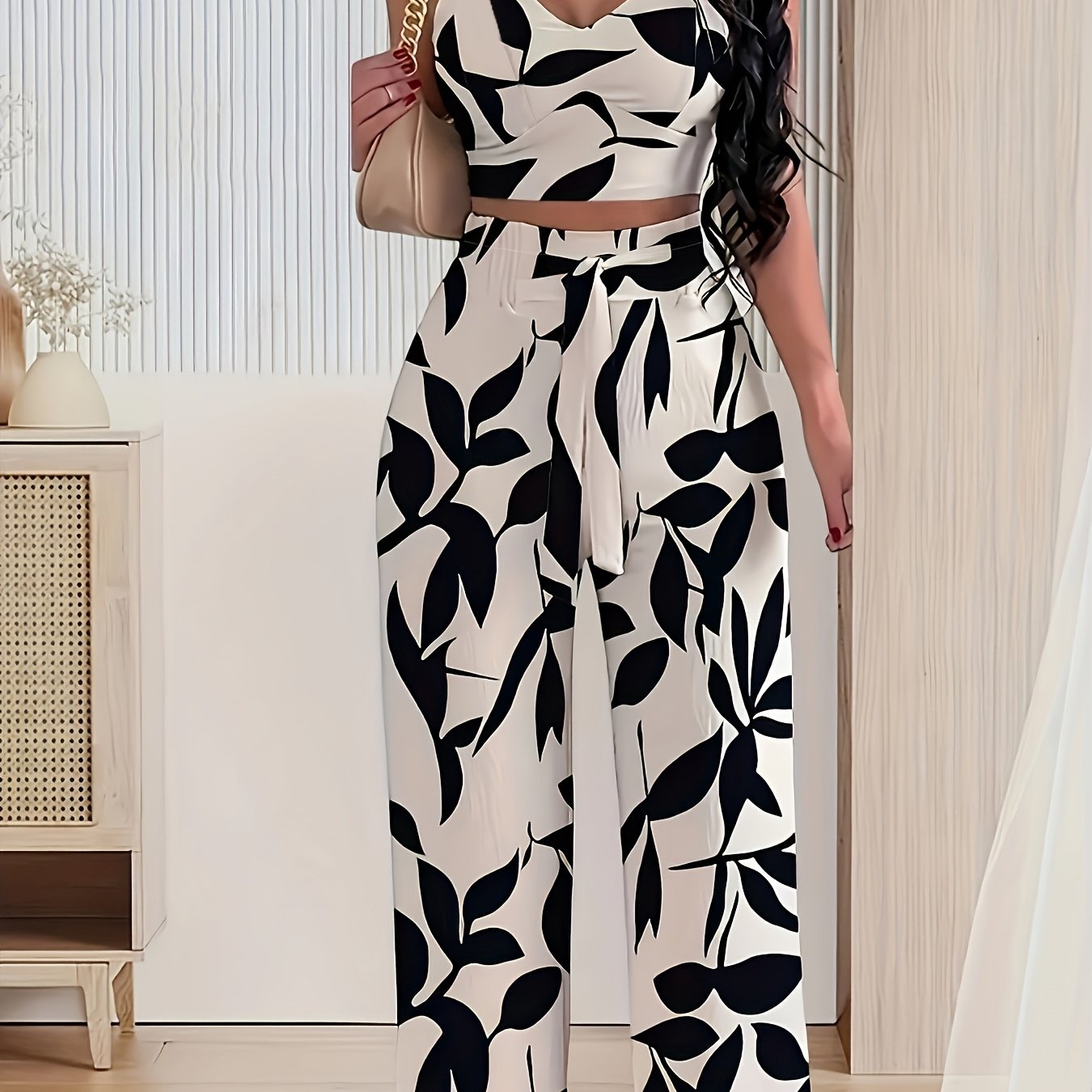 2-piece Women's Set With Thin Strap Stretch Camisole And Wide-leg Pants (front Tie) For Casual Vacation Wear