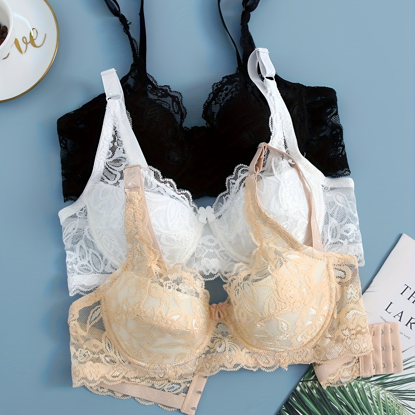 TEMU 3 rangées de trous ! Ensemble 3 pièces, Soutien-gorge femme à cuppes fines sexy et agrafé en dentelle
