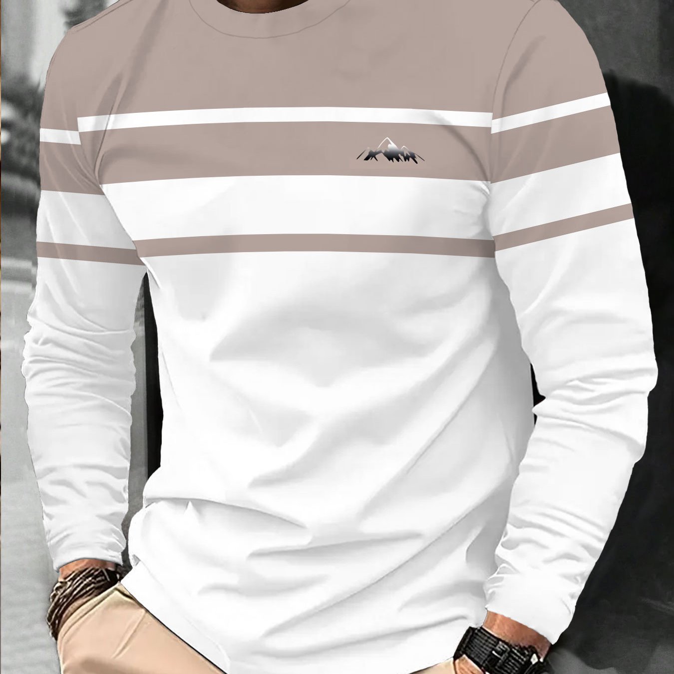 TEMU Striped Men's Long-sleeve T-shirt - Featuring A Contrasting Complemented By A Graphic Print, This Piece Embodies A Minimalist And , And Casual