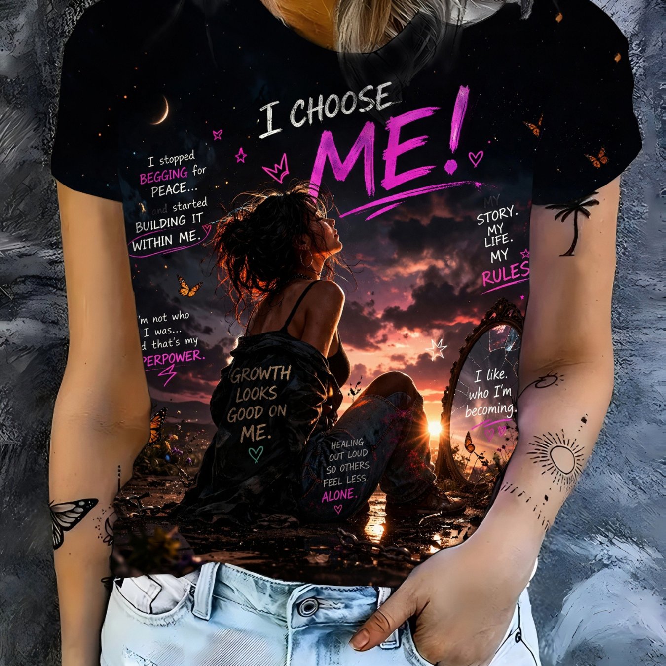TEMU [printed Design - Not Textured] Women's Short-sleeve Printed T-shirt With Sunset Inspirational Slogan, Feminine Vibe Daily Short-sleeve Top