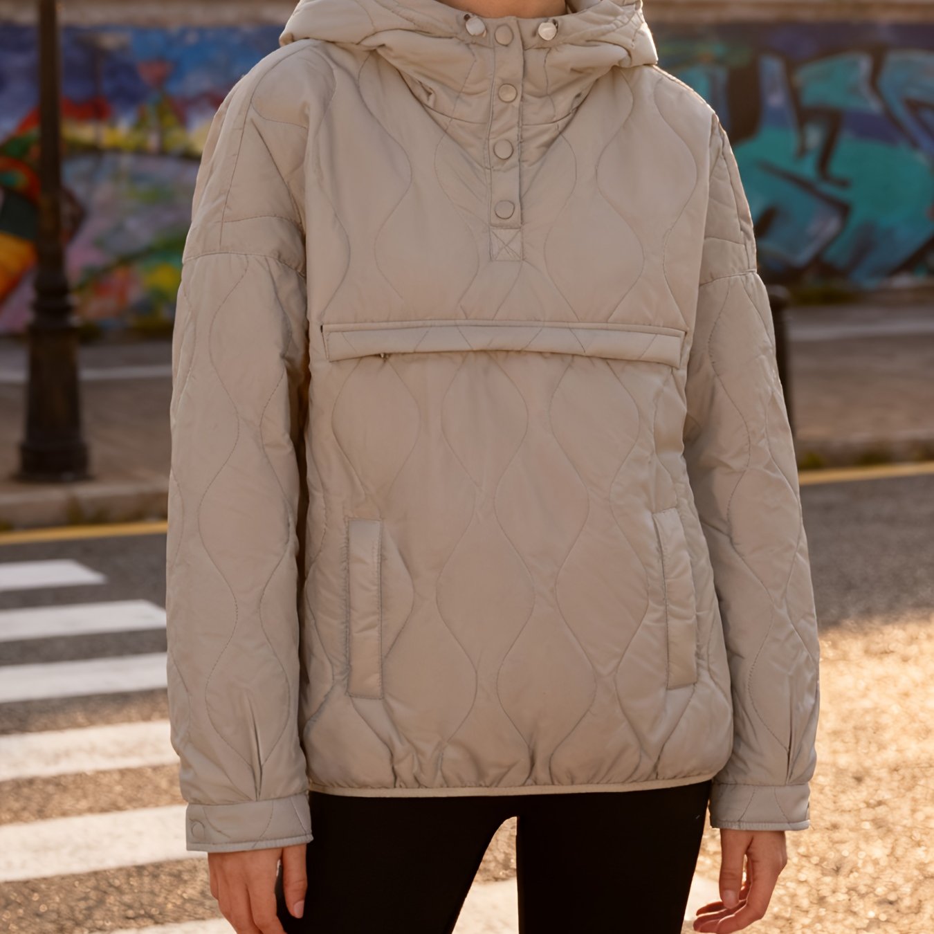 Womens Spring Hooded Quilted Sweatshirt Hoodie Packable Pullover, Portable Storage Design, Large Kangaroo Through Pocket Half-open Button Design Elastic Drawstring Hooded