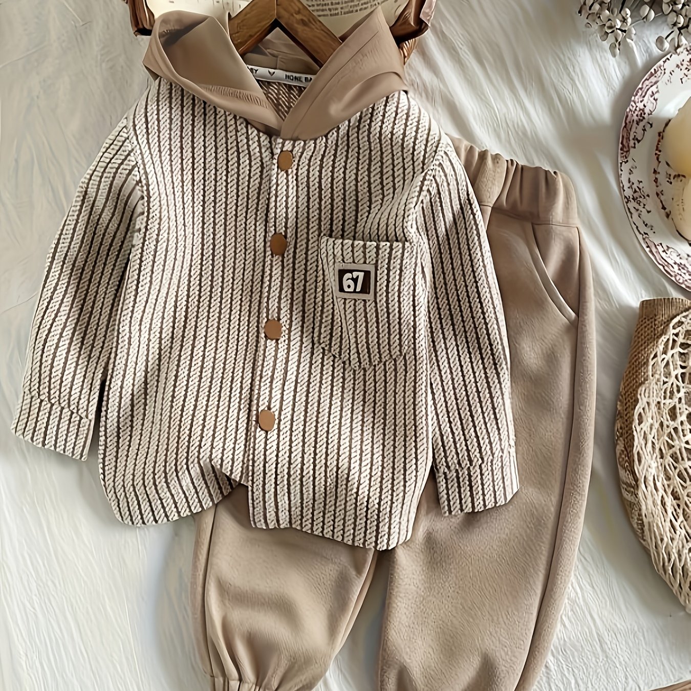 Spring/autumn Baby Striped Hooded Long Sleeve Shirt And Athletic Long Pants 2pcs Set, For Outdoor, Boys And Girls Clothes
