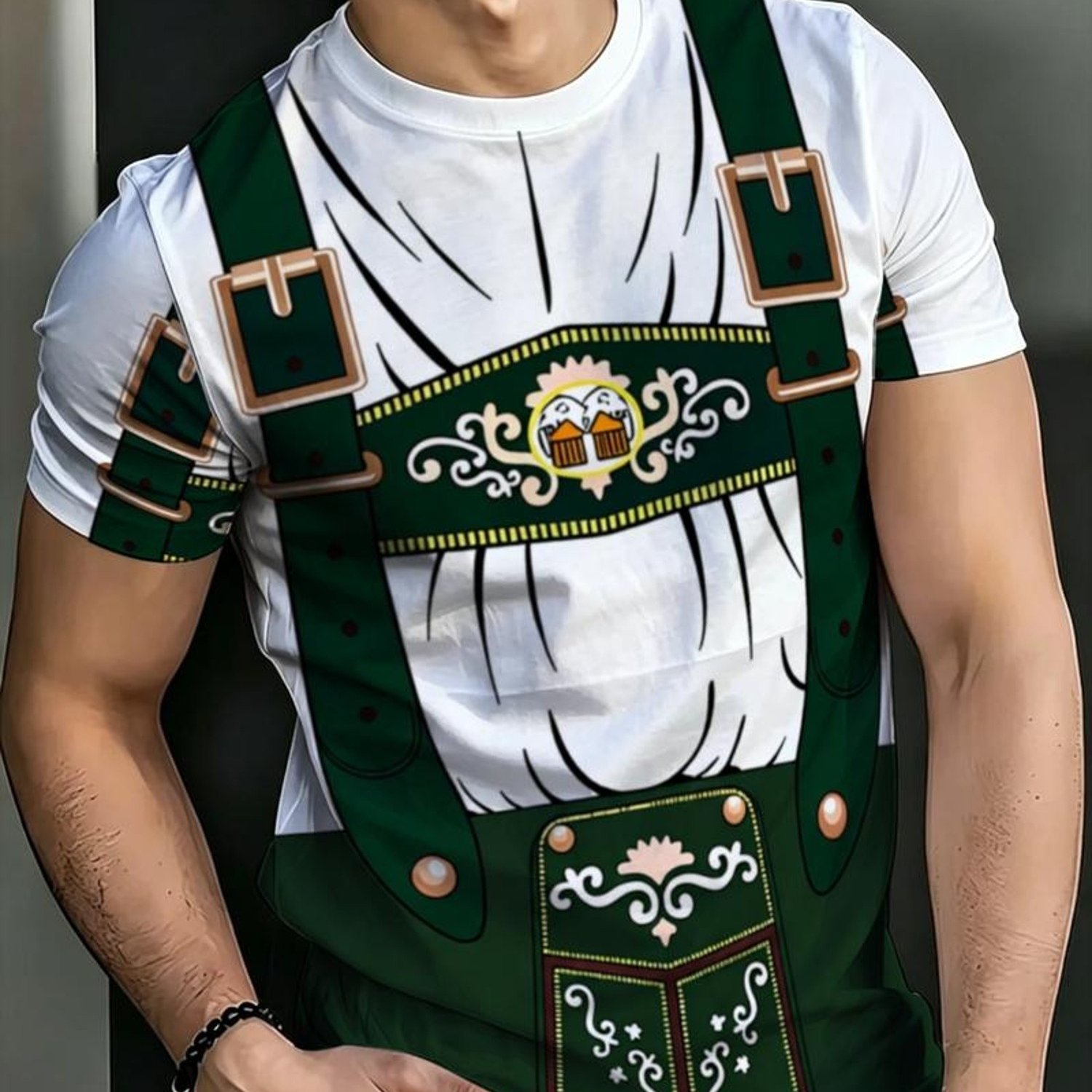 TEMU Men's Oktoberfest Style T-shirt, In Mixed Colors And Multiple Sizes, Made Of Polyester Twill Fabric, With German-style Decorative Suspender