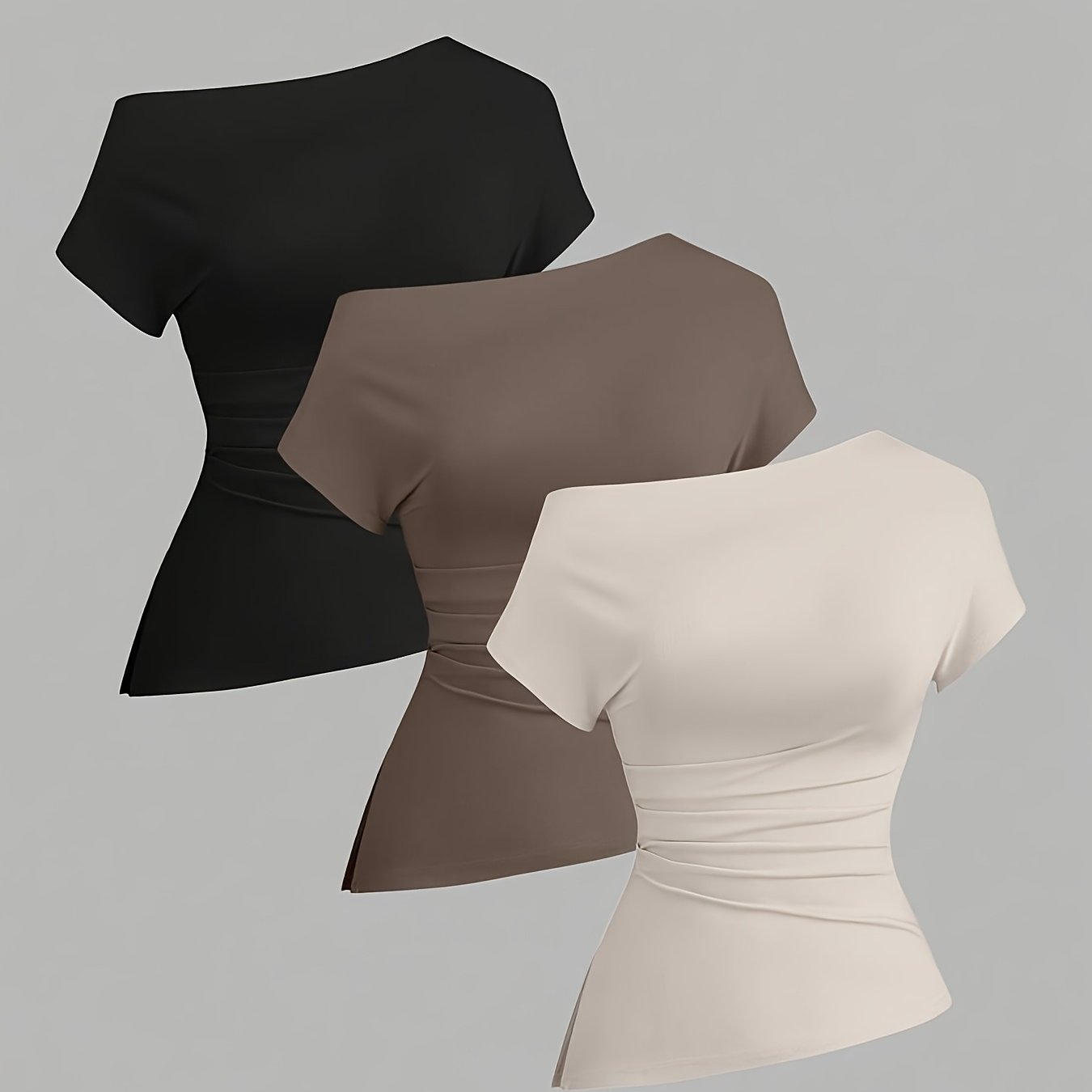 TEMU 3pcs Women's 3pcs Elegant Asymmetrical Shoulder T-shirts - Solid Color Blouse Style, Medium Stretch Suitable For Spring/summer Layering, Machine