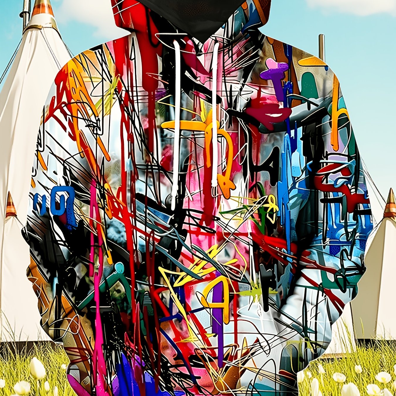 TEMU [printed Design - Not Textured] Graffiti , Men's Casual Plus Size Drawstring Long Sleeve Sweatshirt Hoodie, Trendy Hooded Sweatshirt, Suitable