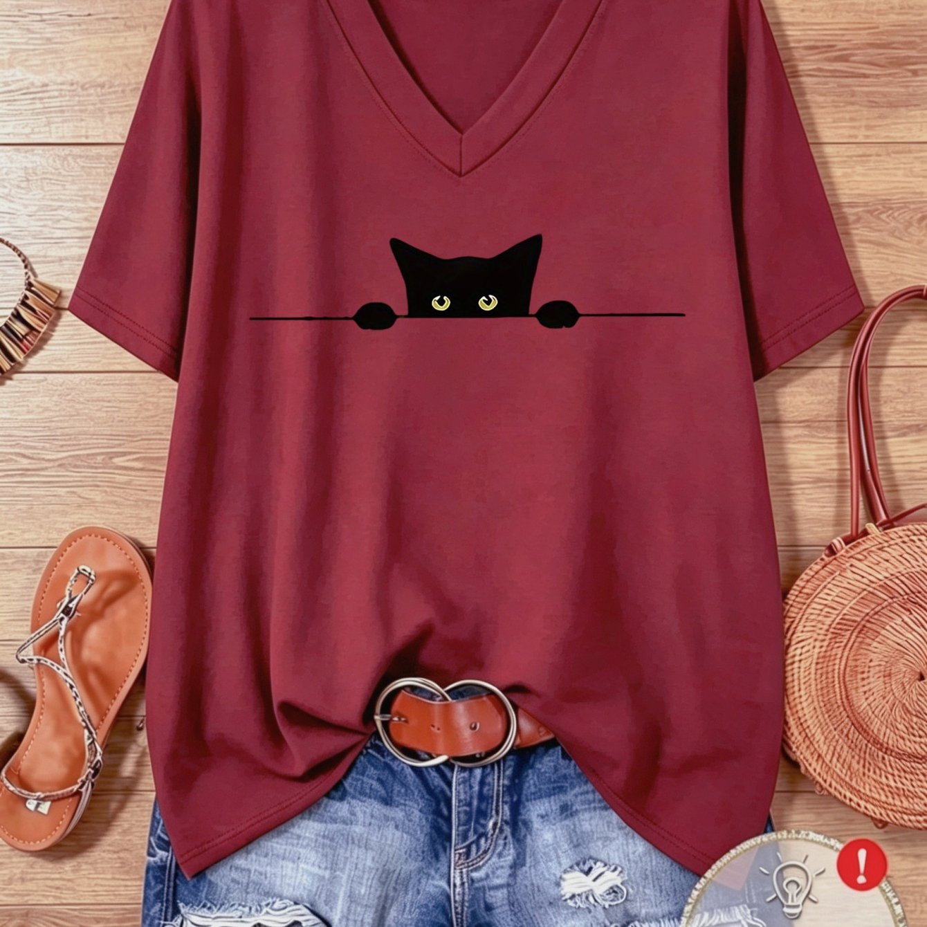 TEMU Plus Size Women's Casual Athletic Wear Cute Black Cat Pattern Printed Loose V-neck Short Sleeve T-shirt Suitable For Exercise Yoga Layering