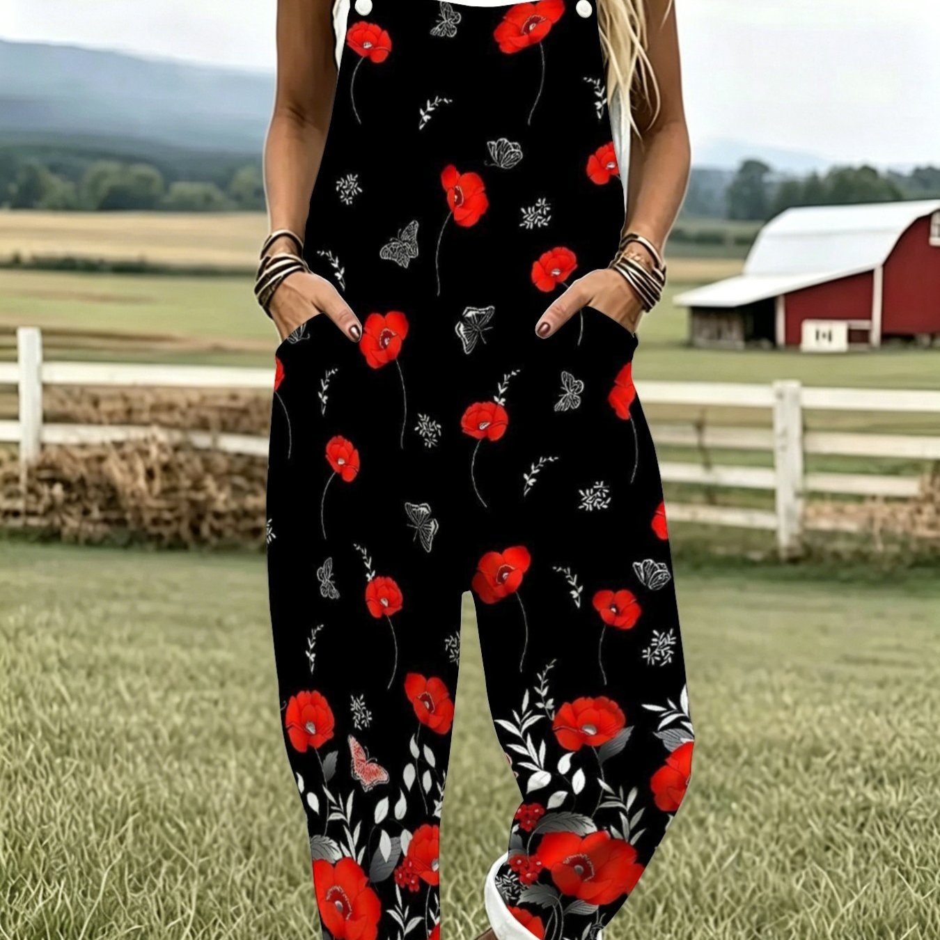 TEMU Women's Leisure Overalls Petal Common Poppies Family Pedicel Anemone Geraniums Fashion Sleeveless Button Design With Pockets Suitable For