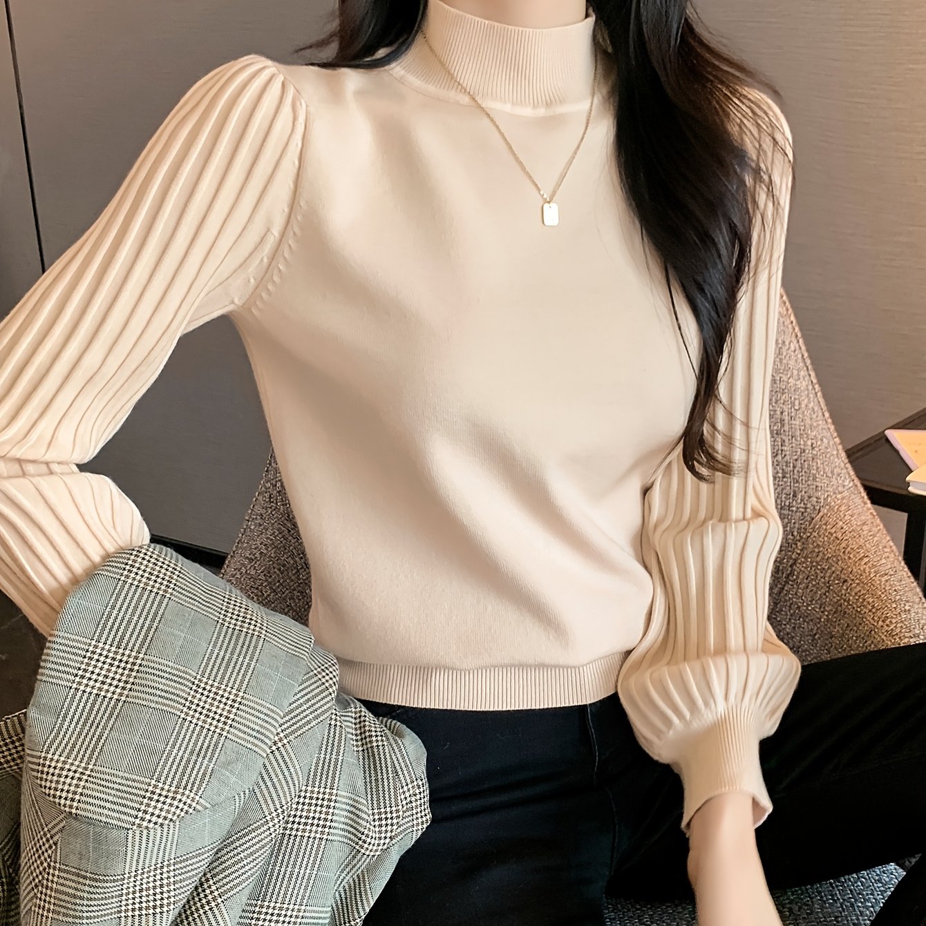 TEMU High Collar Knitted Sweater For Women Autumn And Winter Lantern Sleeve Top To Show Slimming Inner Wear