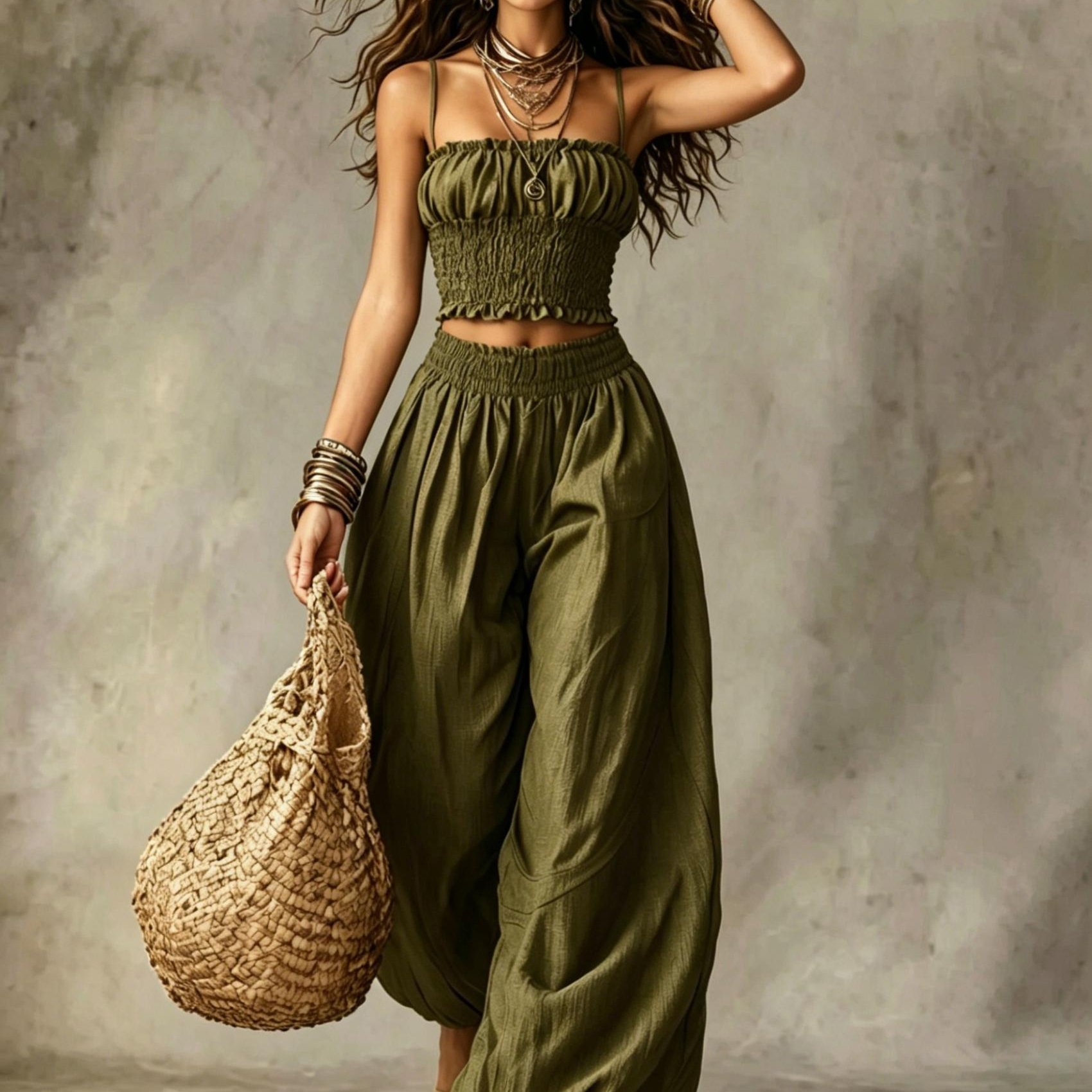 TEMU Elegant Bustier Short Cami And Lantern Pants Set, Vacation Casual Two-piece Outfit, Women's Style