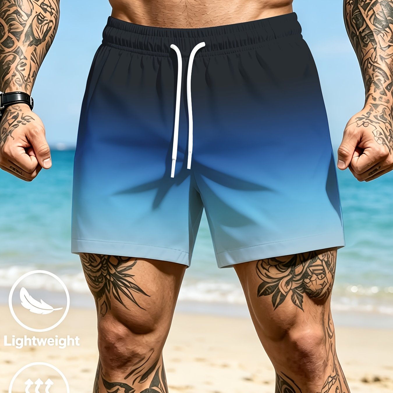 TEMU Men's Quick-dry Swim Shorts With Black-blue Gradient Print - Breathable Surf & Shorts Suitable For Pool Swimming, Surfing, Pool Parties,