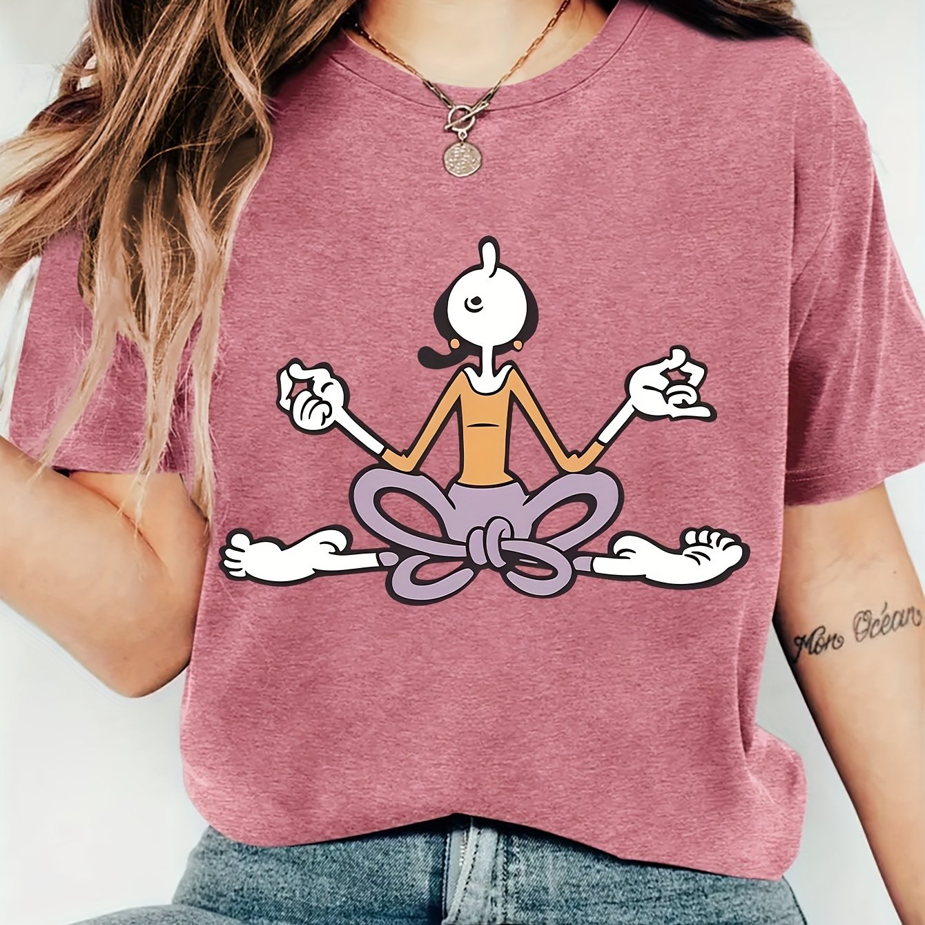 TEMU Vêtements d'automne pour femmes, T-shirt à manches courtes et col rond avec imprimé de de yoga de dessin , confortable, , , élégant, vintage,