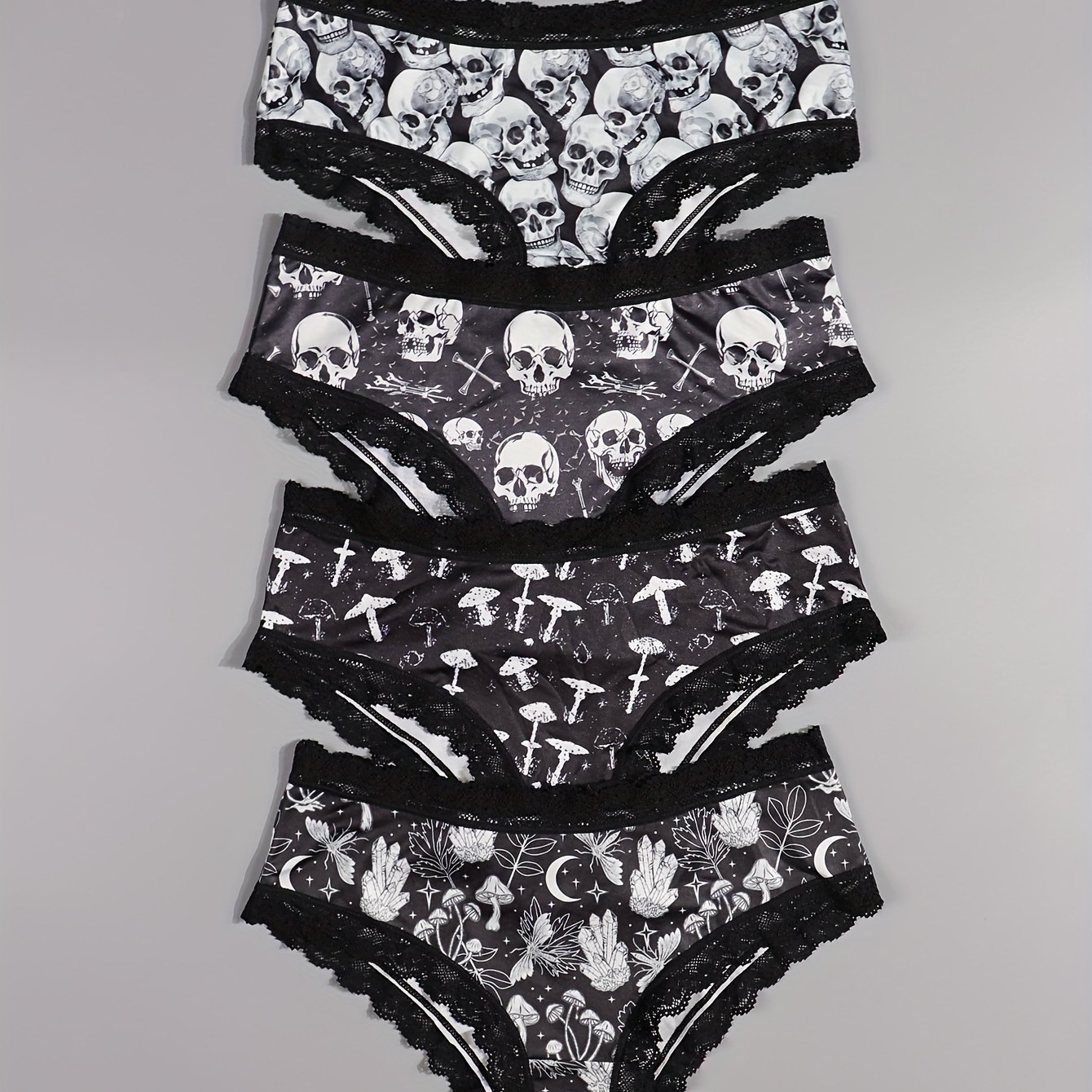 Image of 4pcs Gothic Women’s Lace Hipsters - Halloween Skull, Eyeballs, Stars & Mushrooms Allover Print Low-rise Panties With Contrast Lace Trim, Comfy Stretch Intimates For Women