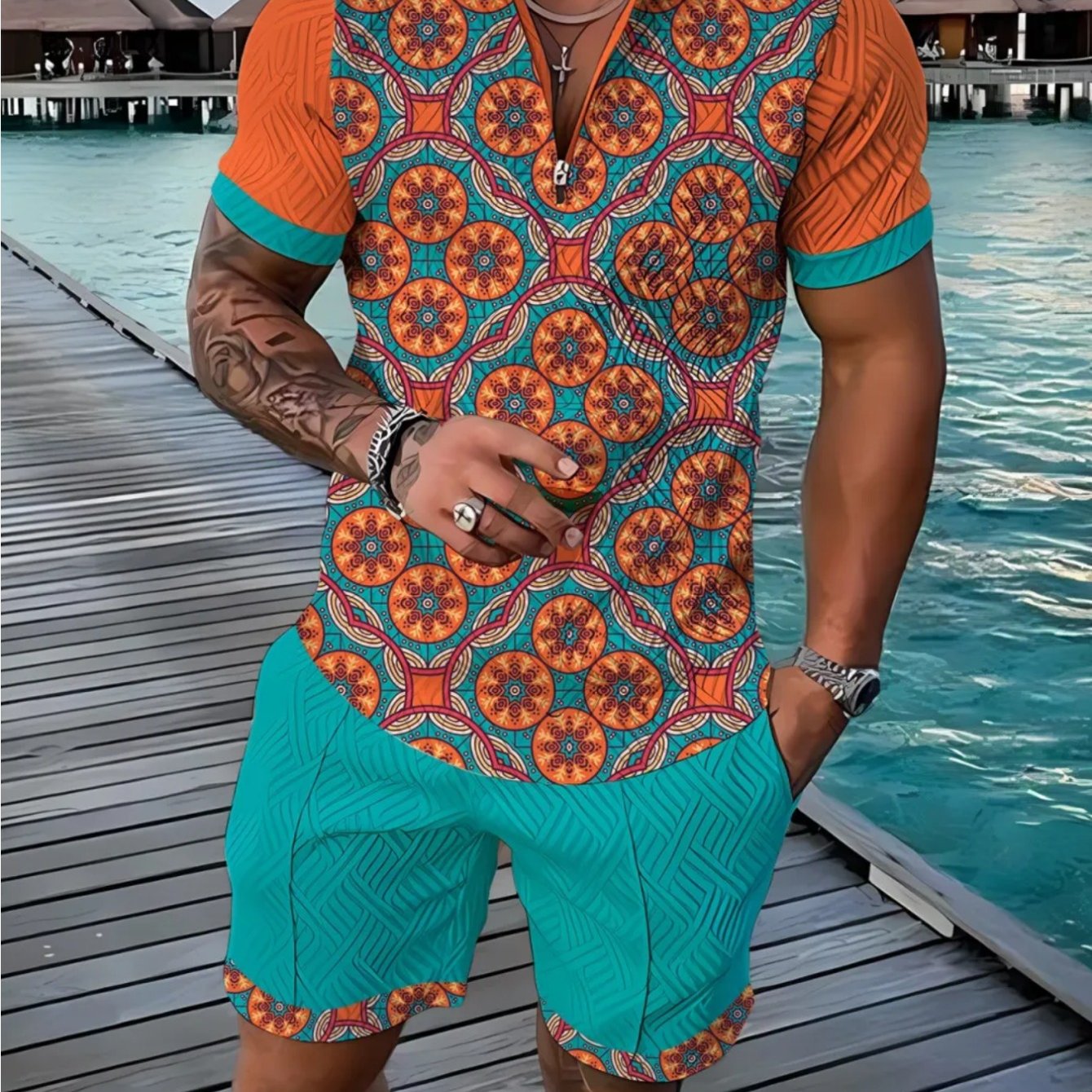 Image of Summer Men's Ethnic Style Set Color- Printed Zipper Shirt Jacquard Shorts Vacation Casual 2pcs Set