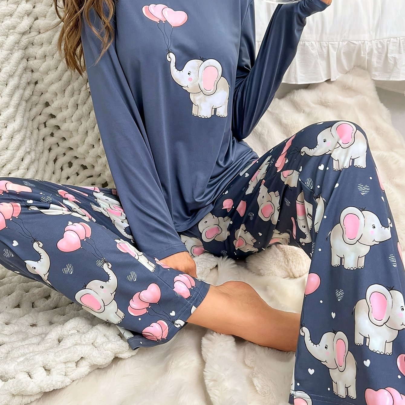 TEMU 2026 Winter Women's Warm 2pcs Pajama Set, Cute Elephant & Heart Print Crew Neck Long Sleeve T-shirt, Soft Comfy Lounge Long Pants, Ladies Casual