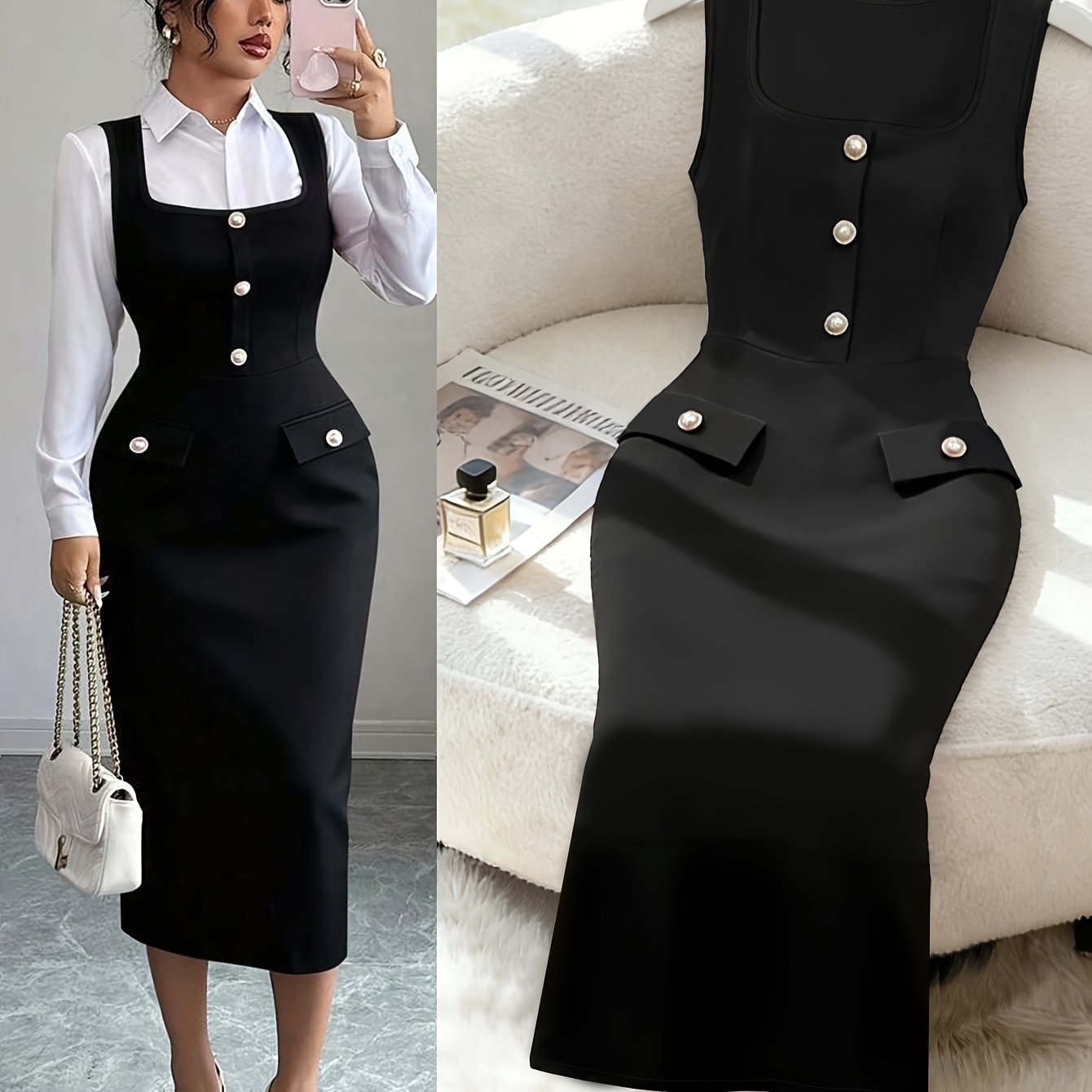 TEMU Fashionable Commuter Solid Color High-waist Bodycon Camisole Skirt