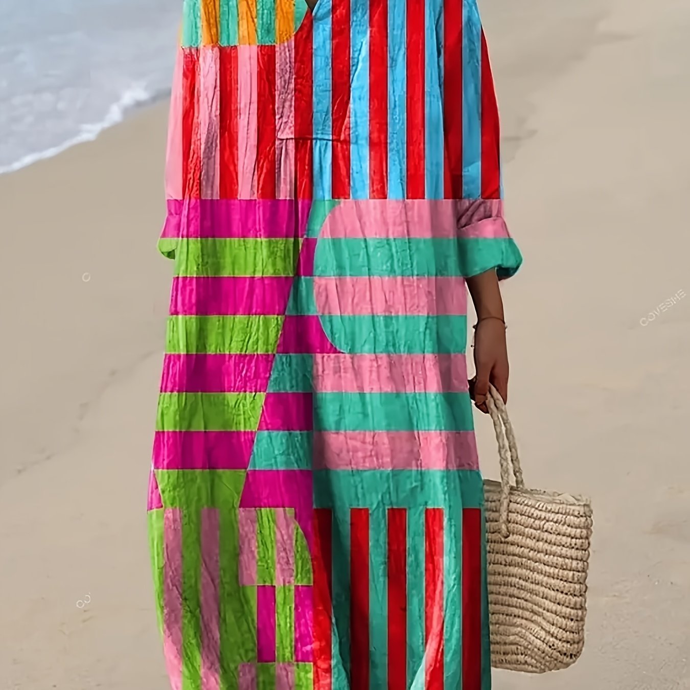 Image of Plus Size - Large Size 2d Flat Print Dress, Women's V-neck Long Sleeve Dress, Striped Women's Dress, Casual Beach Dress, Summer -neck Loose
