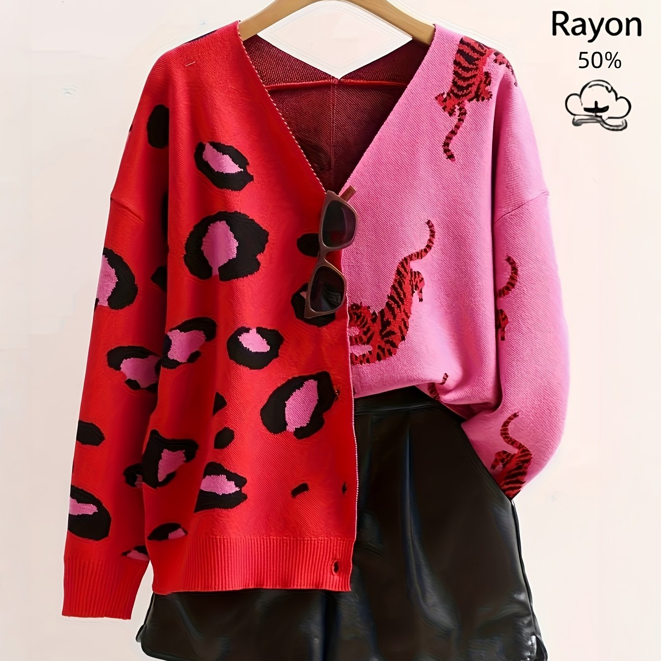 TEMU Cardigan DP051950 pour femme à imprimé animalier et color-block, boutonné, à col en V, veste pull à imprimé léopard, jupe non incluse